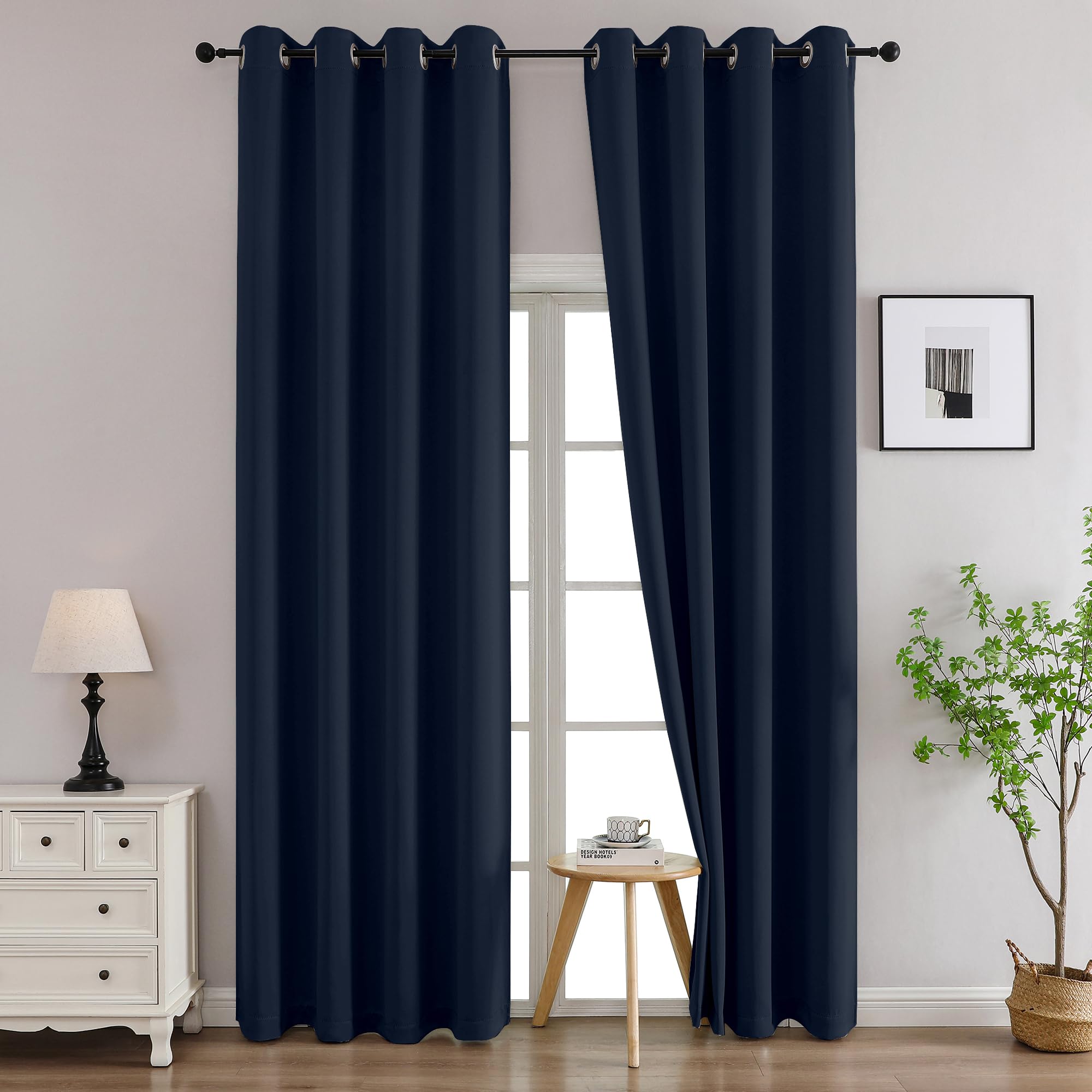 Simplebrand Navy Blue Curtains for Bedroom Living Room 96 Inches Long 2 Panels Set, Room Darkening Thermal Insulated Curtains &amp; Drapes, Solid Grommet Noise Reducing Window Treatment, W50 x L96 Inch