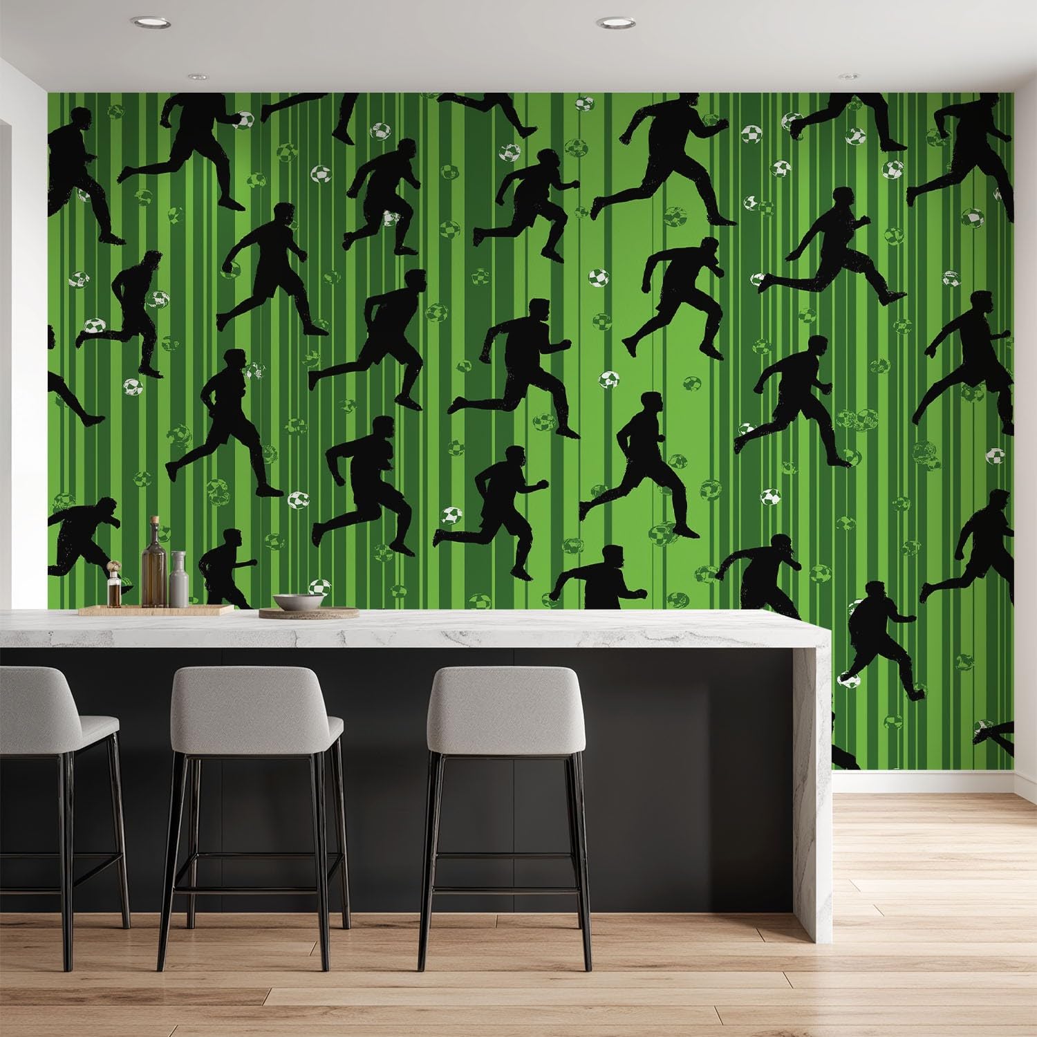 Dekoracja ścienna fototapeta 350 x 256 cm, sportowa powierzchnia, boisko piłkarskie, sylwetki sportowców, tapeta ścienna turkusowa do pokoju chłopców, do pokoju treningowego, tapeta z włókniny, obraz