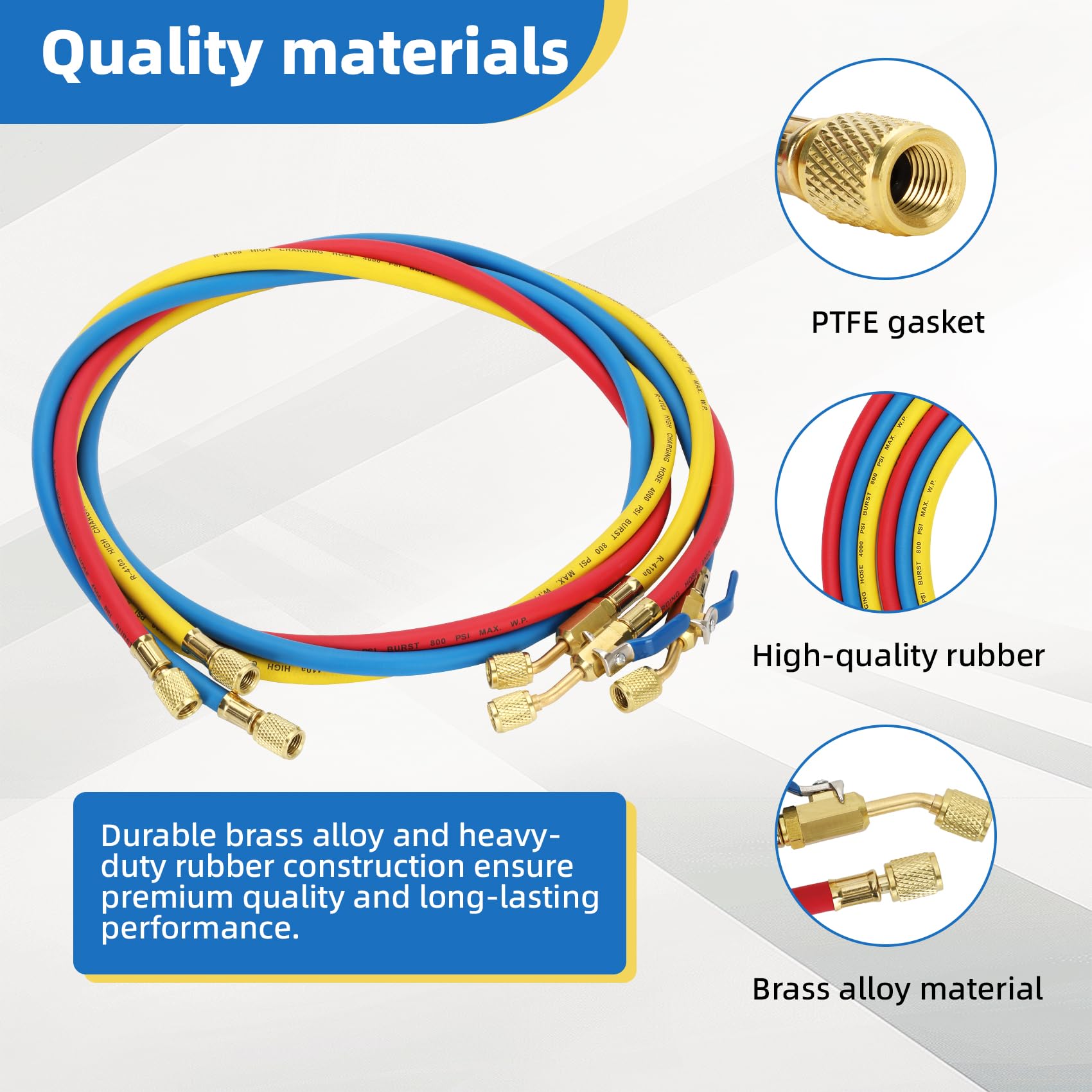 Kältemittelschlauch mit kompaktem Kugelhahn (1/4 Zoll Flare) – 4000 PSI, 29985 Plus II 1/4 Zoll HVAC Schlauch R410A R134a R22 kompatibel, Rot/Gelb/Blau, 3 Stück