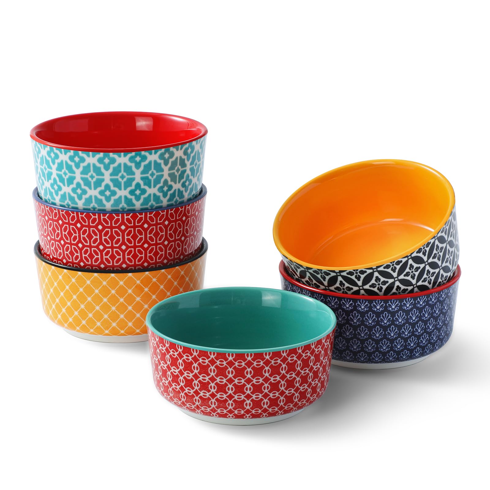 DOWAN Ramekins Set of 6, 120 ml Creme Brulee Ramekins, Porcelain Ramekin Dishes for Crème Brûlée, Soufflé, Dessert, Microwave, Air Fryer & Dishwasher Safe, 9 cm, Multicolour