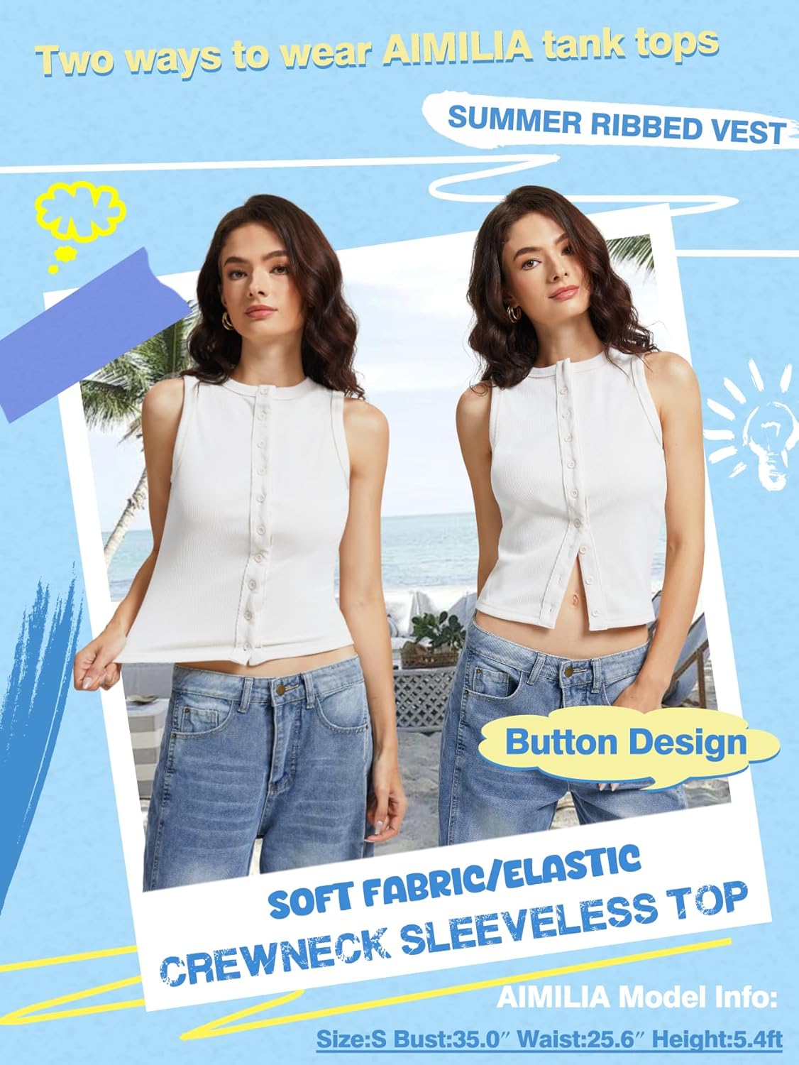 Women’s Button Down Tank Tops Sleeveless Ribbed Crop Summer Button Up Crewneck Vest Shirt Going Out Slim Fit Tops - Image 4