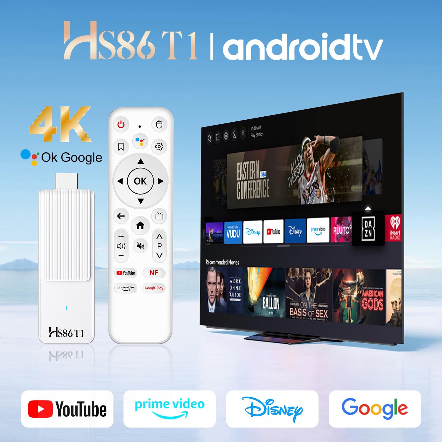 Android 14.0 TV Stick, con 2GB RAM e 16GB ROM, alimentato da chipset RK3518 Quad-Core 32bit Cortex-A53 e GPU Mali 450 MP2, supporta Wi-Fi dual-band 2.4G/5G, BT 5.4 e 4K Ultra HD
