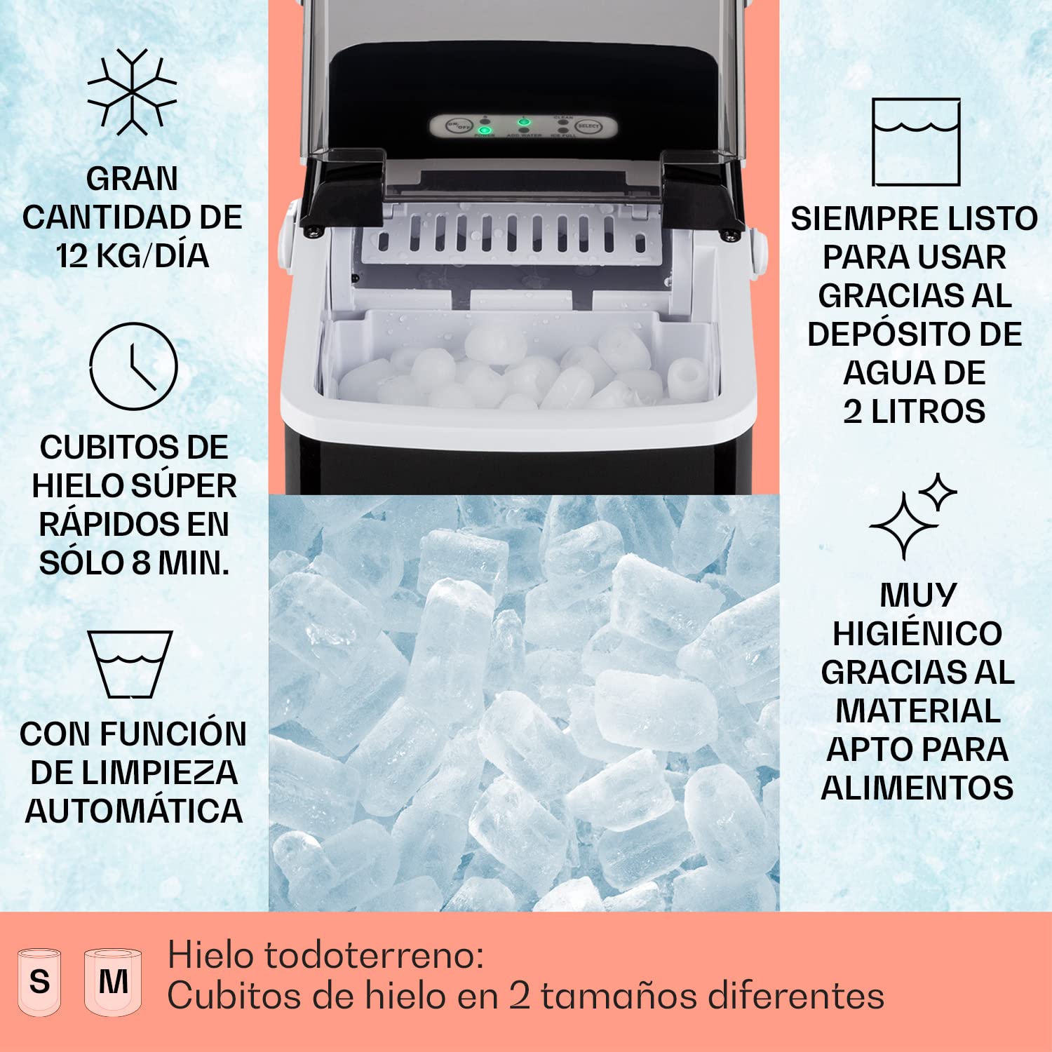 Klarstein Arctic Porter, Ice Maker Encimera 12 kg, Maquina para Hacer Cubitos de Hielo Grandes y Pequeños para Casa con Panel Táctil y Sistema Auto Limpieza, Función Rápida