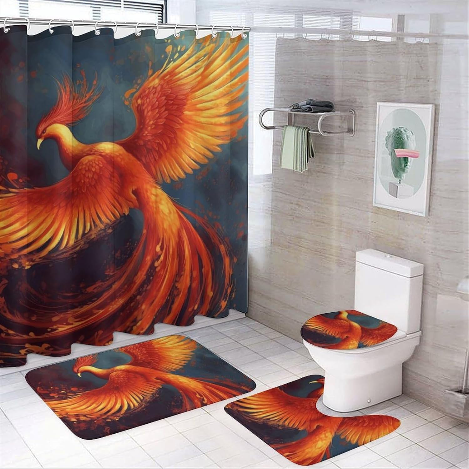 Orange Red Phoenix Shower Curtain Set 4 Piece, Non-Slip Bath Mat with Toilet Lid Cover and Waterproof Shower Curtain with 12 Hooks, Complete Bathroom Set for Home Decor