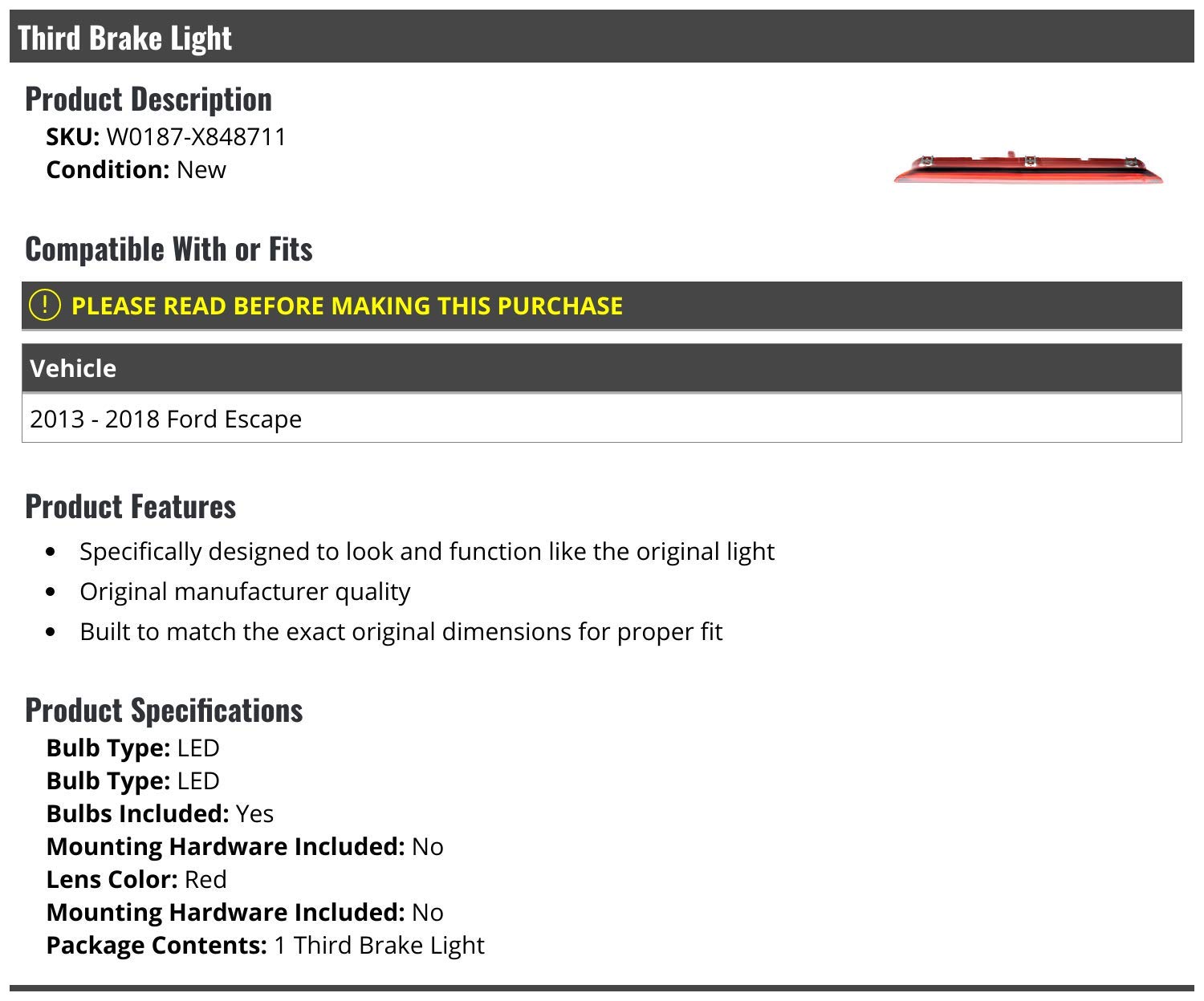 3rd Third Brake Light Lens with Bulb - Compatible with 2013-2018 Ford Escape