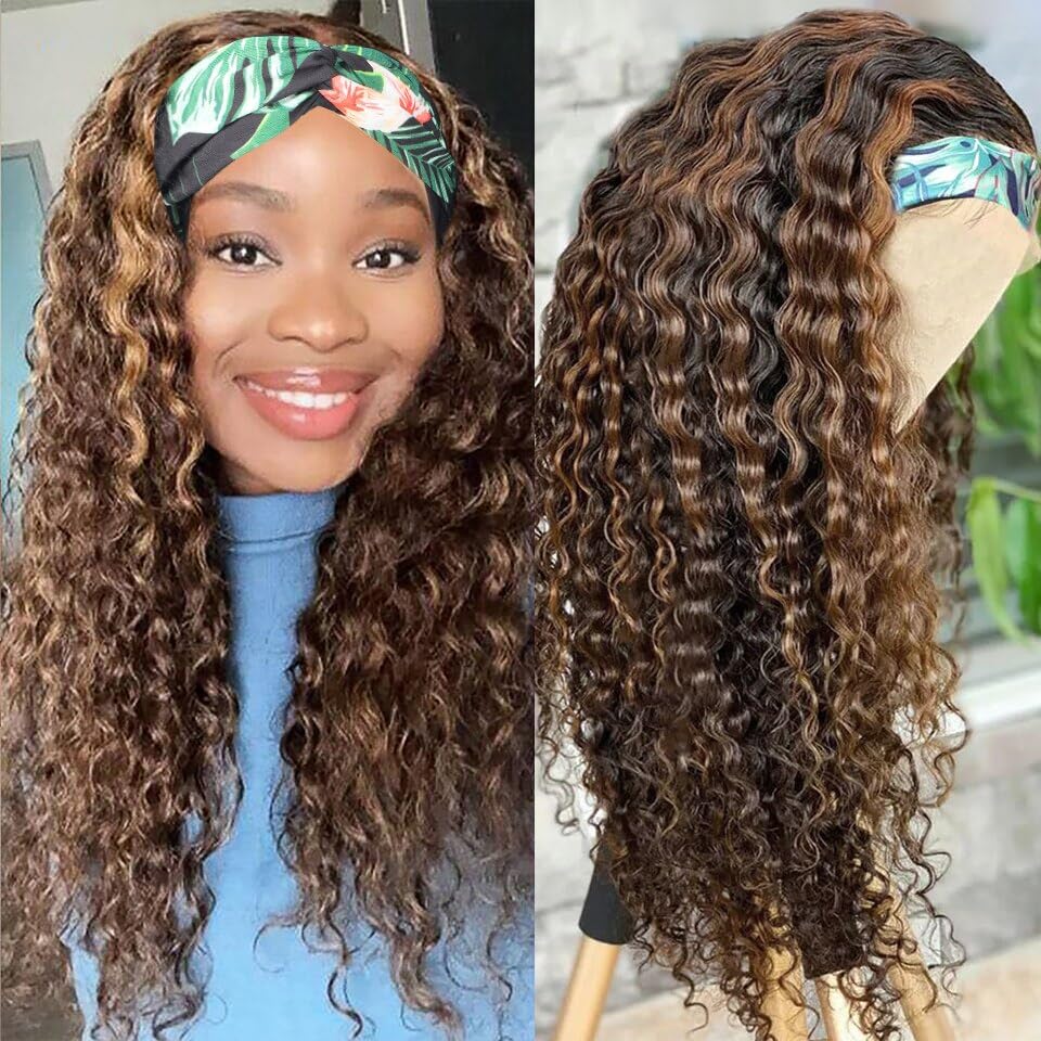 Image of XSY Deep Wave Headband Wig Human Hair Highlight Ombre Headband Wigs for Black Women Curly Headband Wig 4 /27# 150% Density 24 Inch