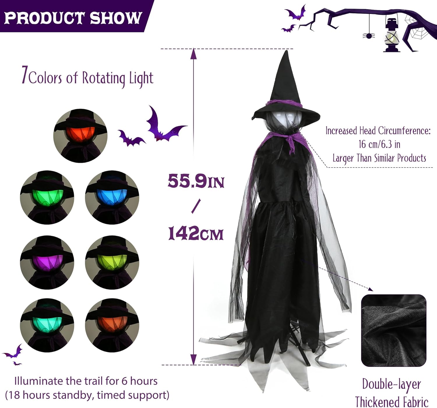 56In LED Set of 3 Black Witches with Stakes Light Up Witches Holding Hands Garden Decor Scary Halloween Decorations Outdoor Yard