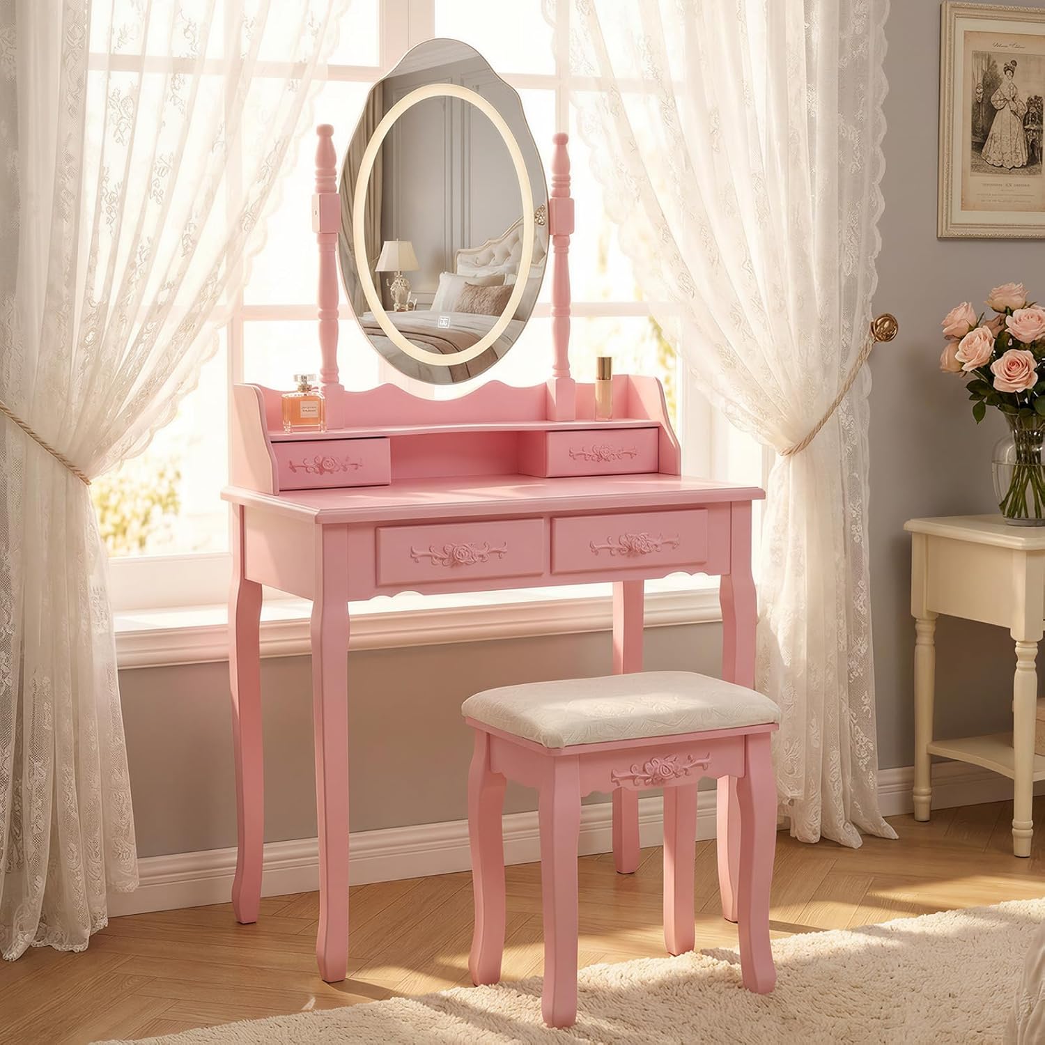 Majnesvon Wooden Dressing Table, Princess Vanity Desk with Mirror & Cushioned Stool, Light Modes, Make Up Vanity Desk with 4-Drawer for Girls' Bedroom (Pink with Mirror)