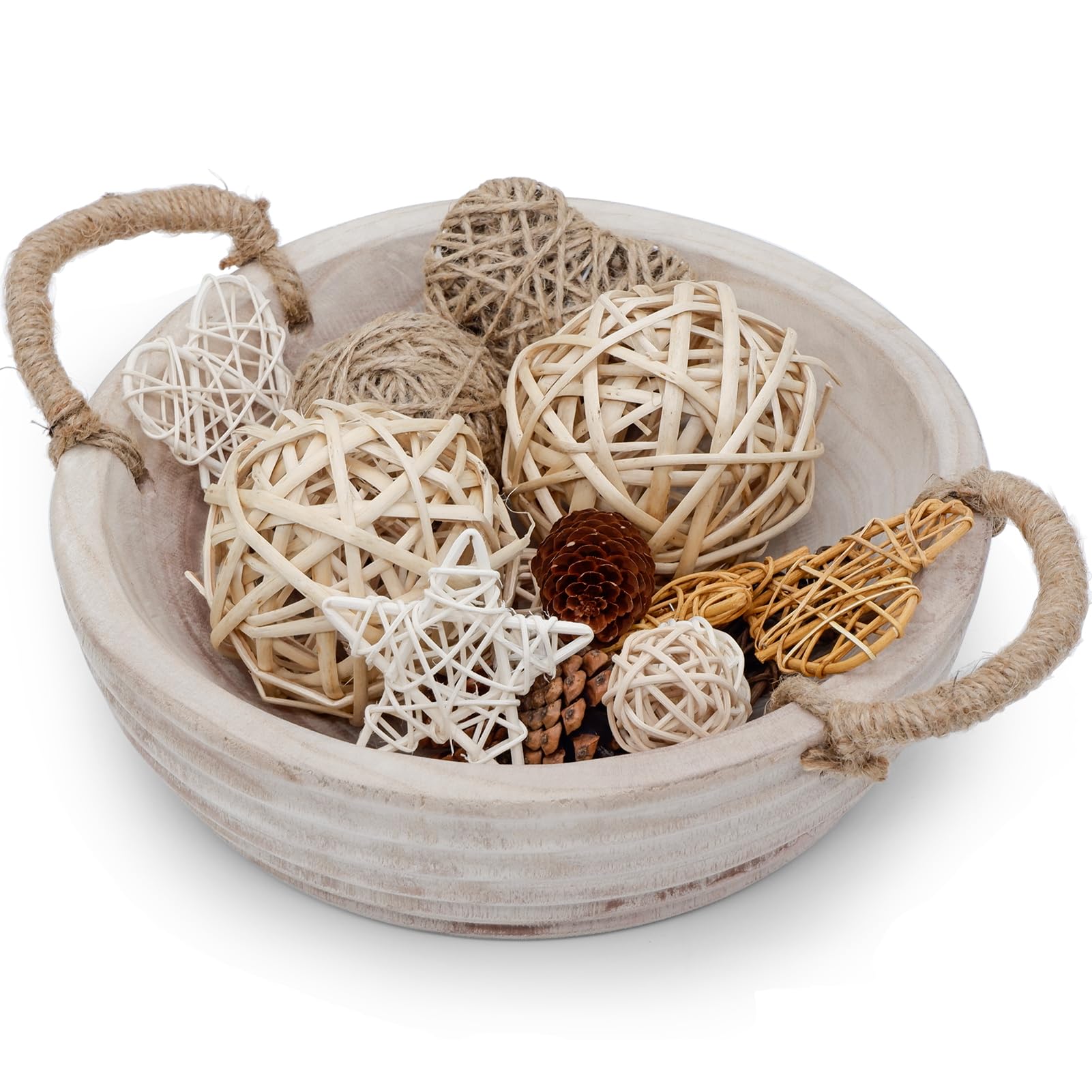 SAMGUYUE Wooden Decorative Bowls, 11.2 Inch Premium Round Serving Bowl with Rope Handles for Home Decor, Round Paulownia Wood Centerpiece Bowl for Coffee Table(Natural)