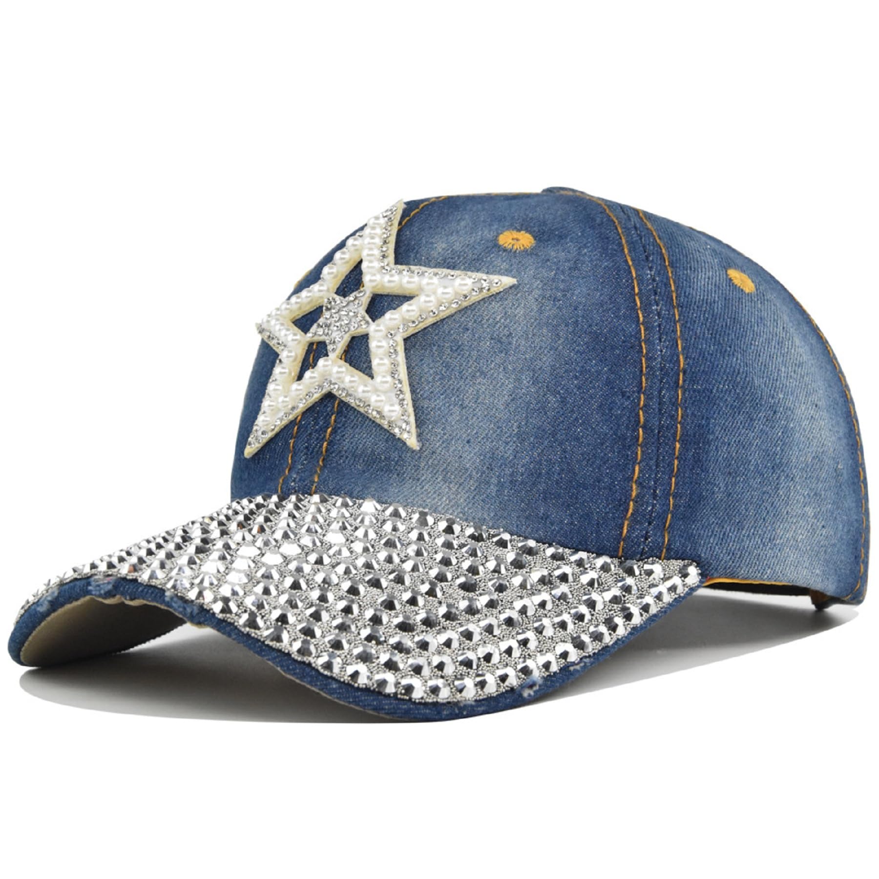 Women Men Luxury Rhinestone Baseball Cap Adjustable Distressed Denim Bling Cowboy Sun Hat for Outdoor Sports