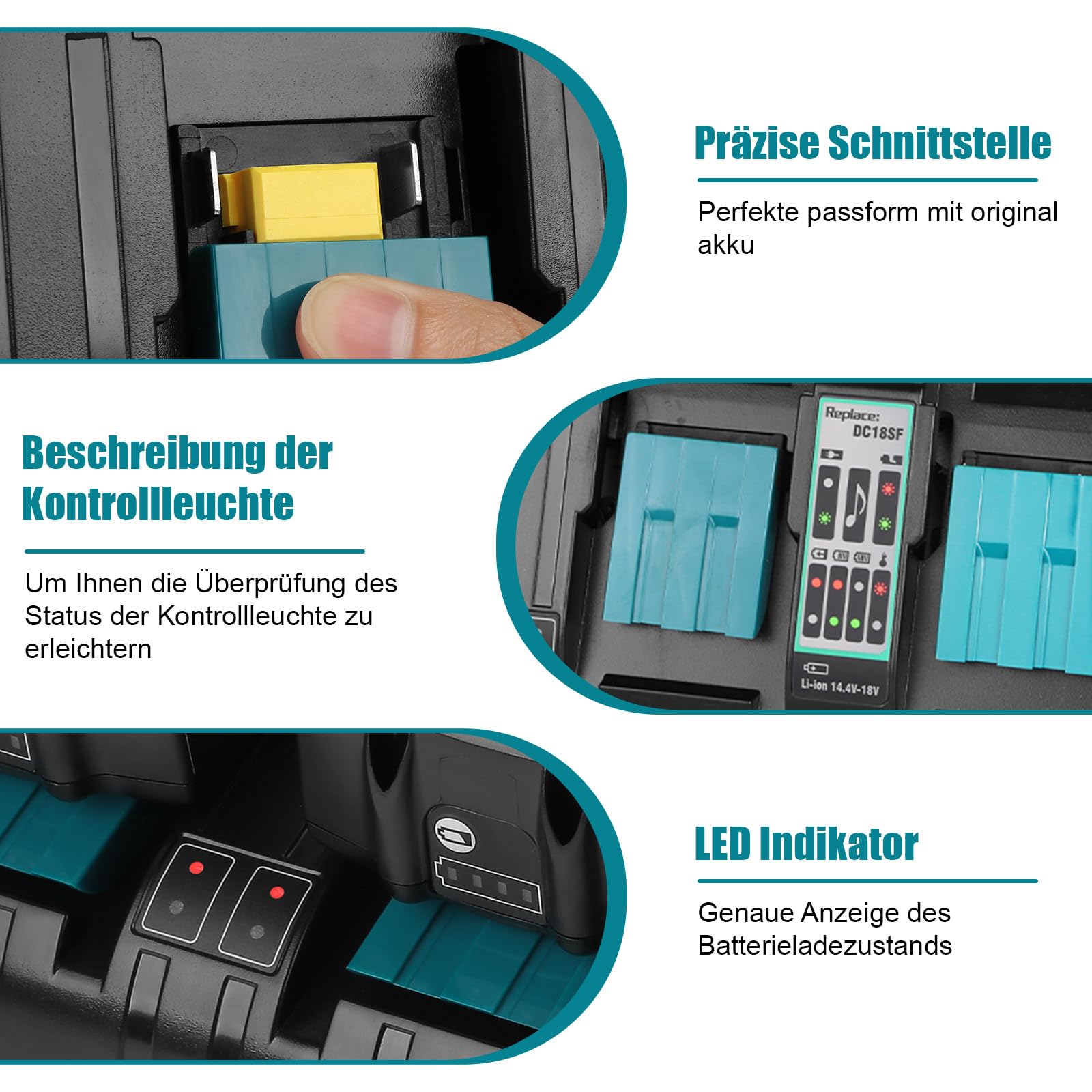 4-Fach Schnellladegerät DC18SF für Makita Ladegerät 18V | Kompatibel mit Makita Akku 18V/14.4V BL1850 BL1840 BL1830 BL1430 BL450 DC18RC DC18RD
