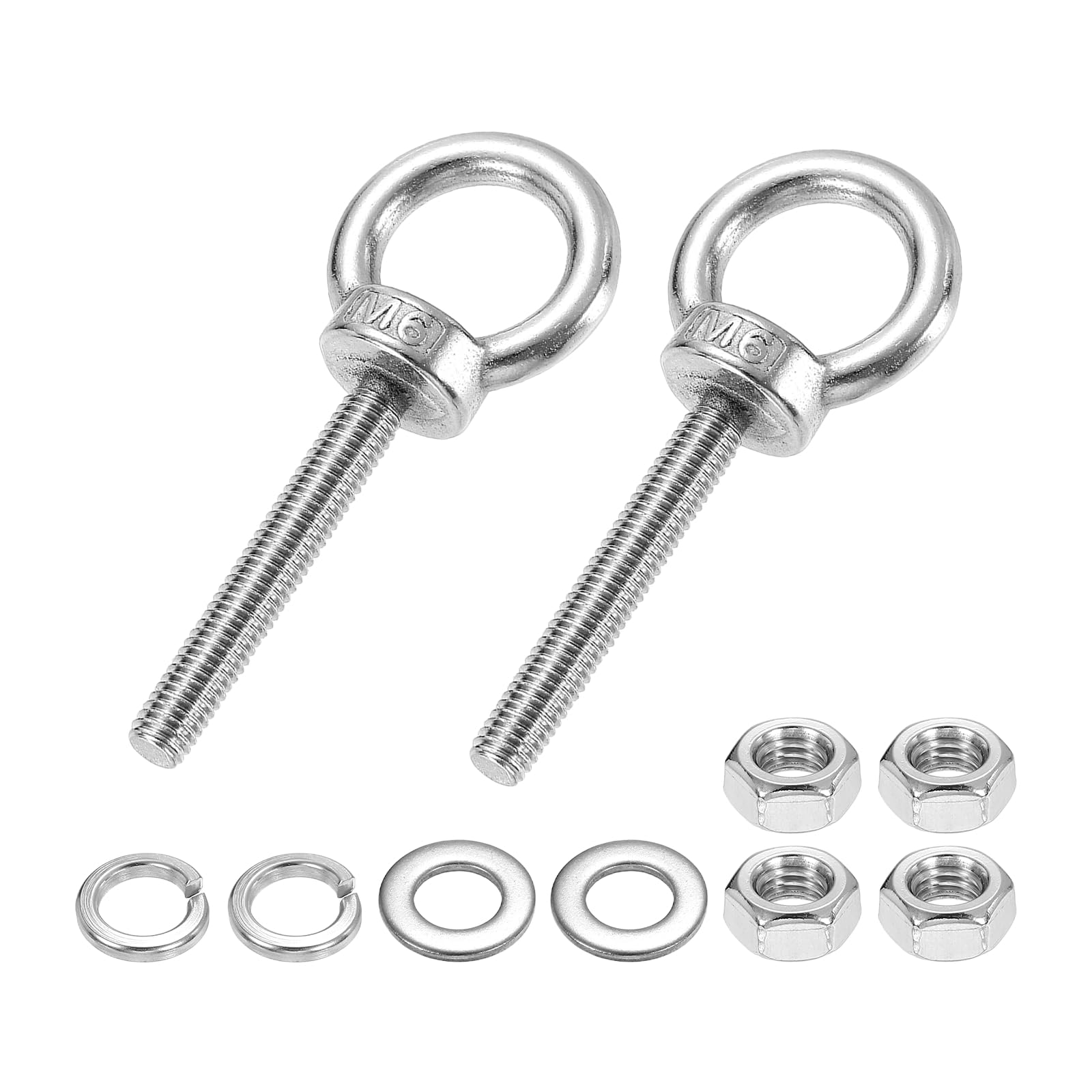 PATIKIL M6 x 40mm Eye Bolt, 2Pcs 304 Stainless Steel Thread Lifting Ring Set Shoulder Eyebolt with Lock Nuts Flat Washers for Hanging Hammocks Articles, Silver
