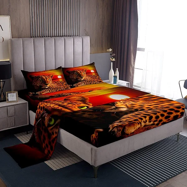 Erosebridal Moon Cheetah Fitted Sheet Leopard Print Sheet Set for Teens Boys,Animal Hide Wild Animal Skin Spot Bed Sheets Novelty Wildlife Big Cat Flat Sheet Ocean Sunset Bedroom Decor Queen
