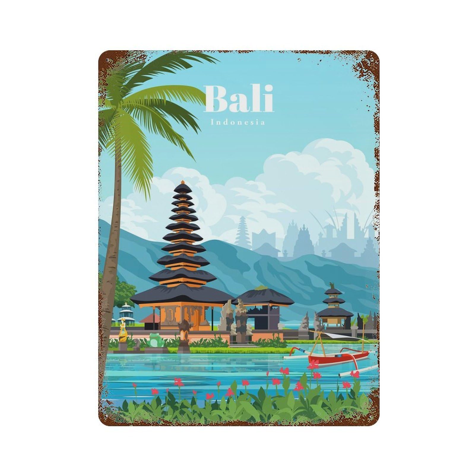 Travel to Bali 15.7"x11.8" Retro Metal Sign, Old School Wall Decor for Office, Studio And Wall Decor