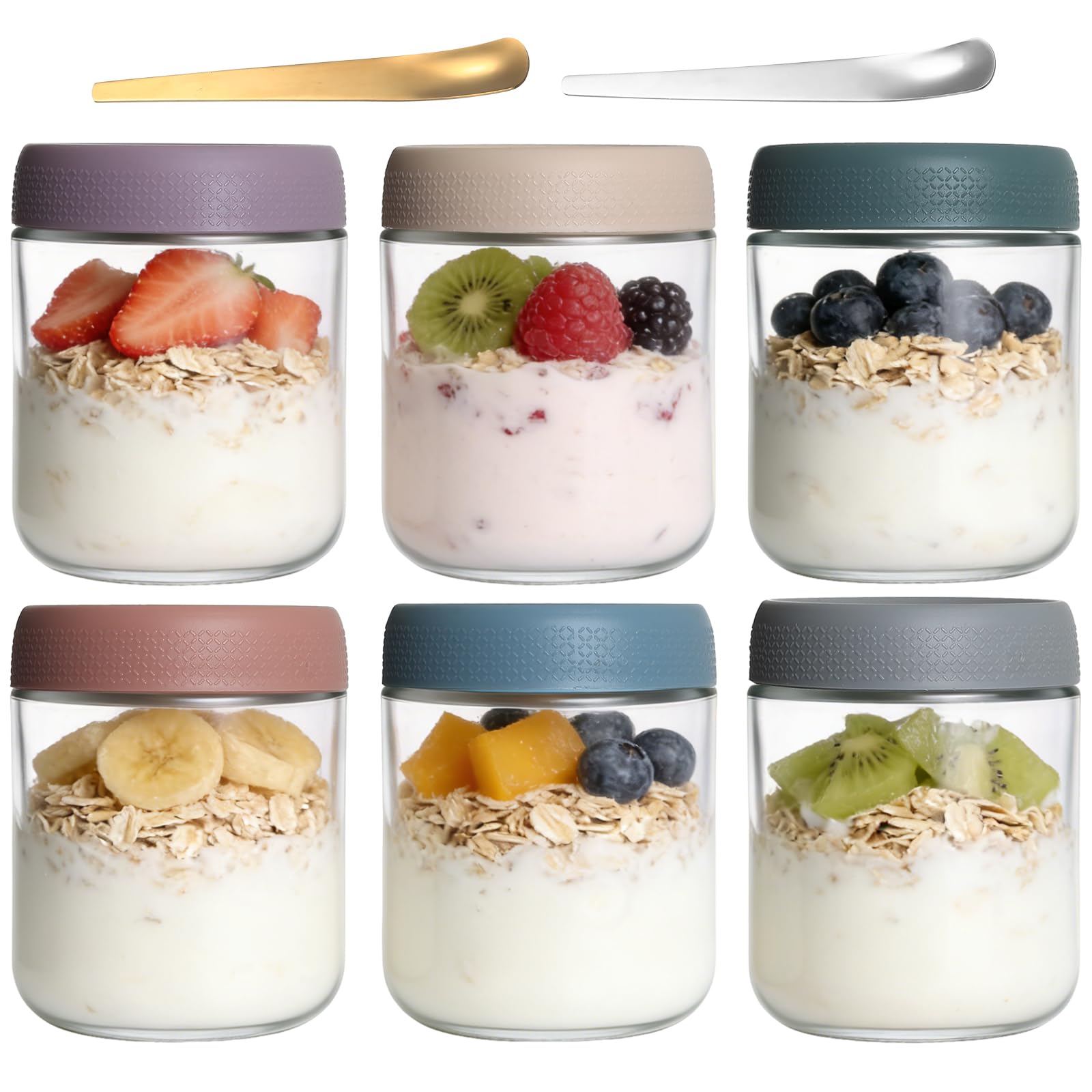 FengFution 6 Pcs Overnight Oats Jars with Lids, 480ml Glass Jars with Lids, Leakproof Overnight Oats Containers, Jam Mason Jar with Lid for Sauce Dressing Fruit Snack Yogurt Jar, with 2 Spoons