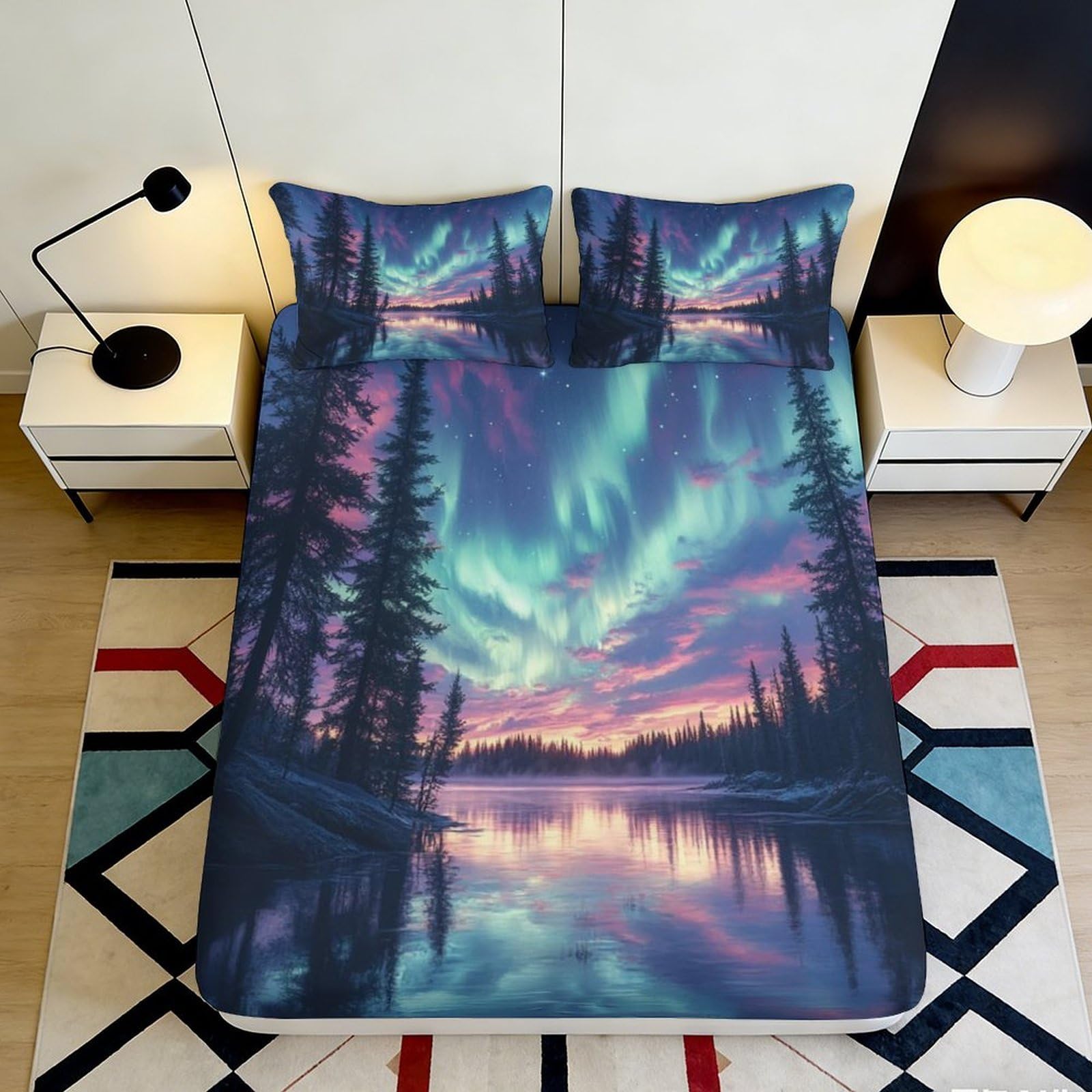 3D Printed Aurora Borealis Fitted Sheet Microfiber Soft Forest Lake Bed Cover for Bedroom Guest Room Decor 90x200x25cm