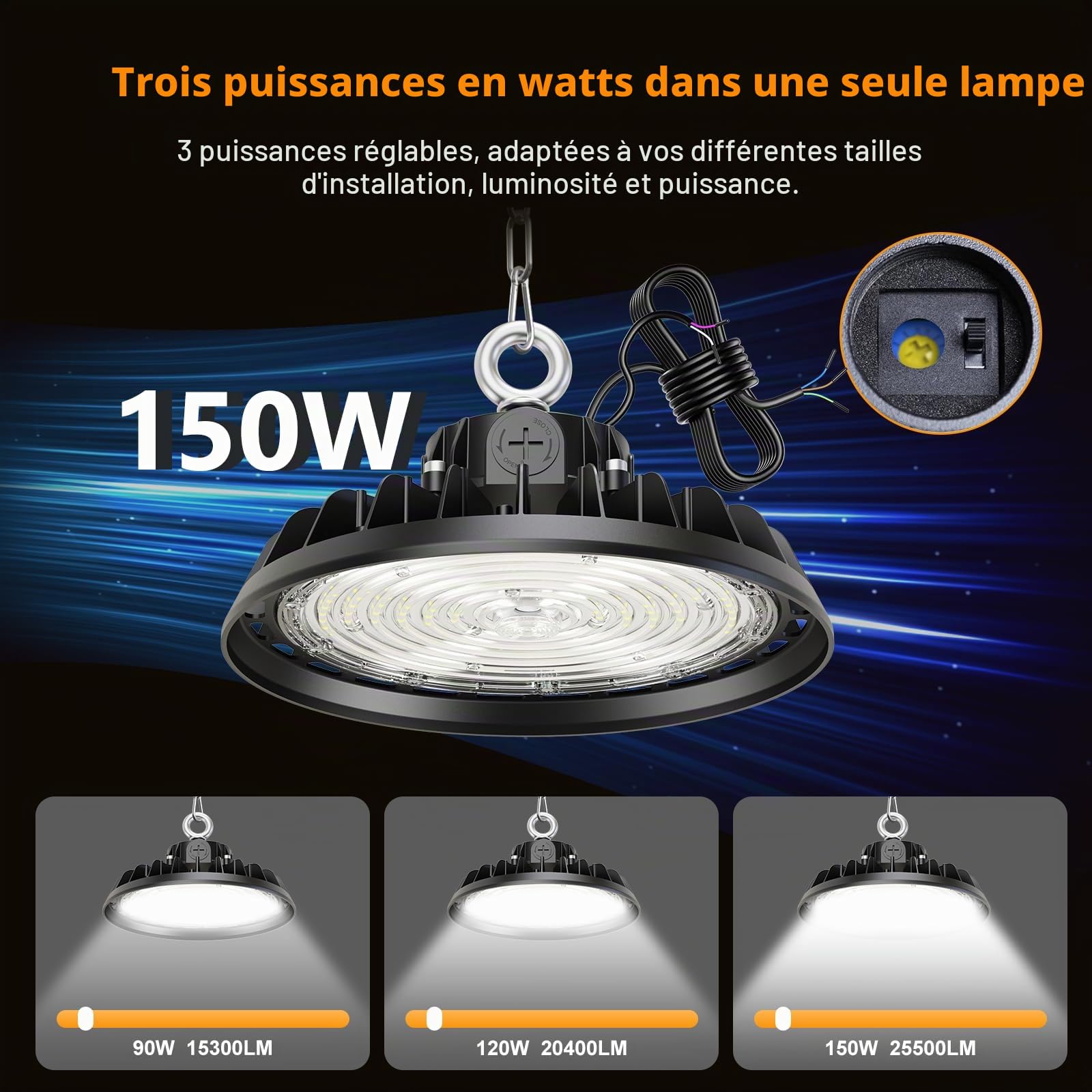 4 Pack UFO 150W LED High Bay Projecteur Garage Light 22500LM Éclairage pour Atelier 4000K 120°Éclairage IP65 Lampe Industrielle Dimmable 90W/120W/150W Usines Entrepôts de Construction Stades
