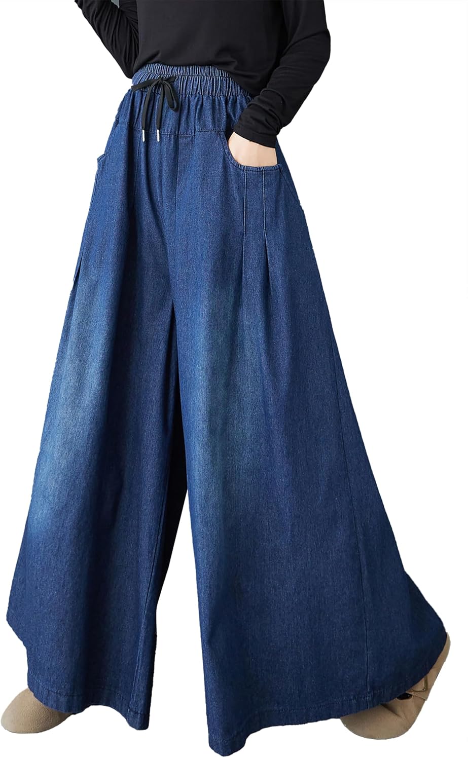 LAI MENG FIVE CATS Women's Casual Loose Denim Wide Leg Baggy Jeans Drawstring Elastic Waist Pants