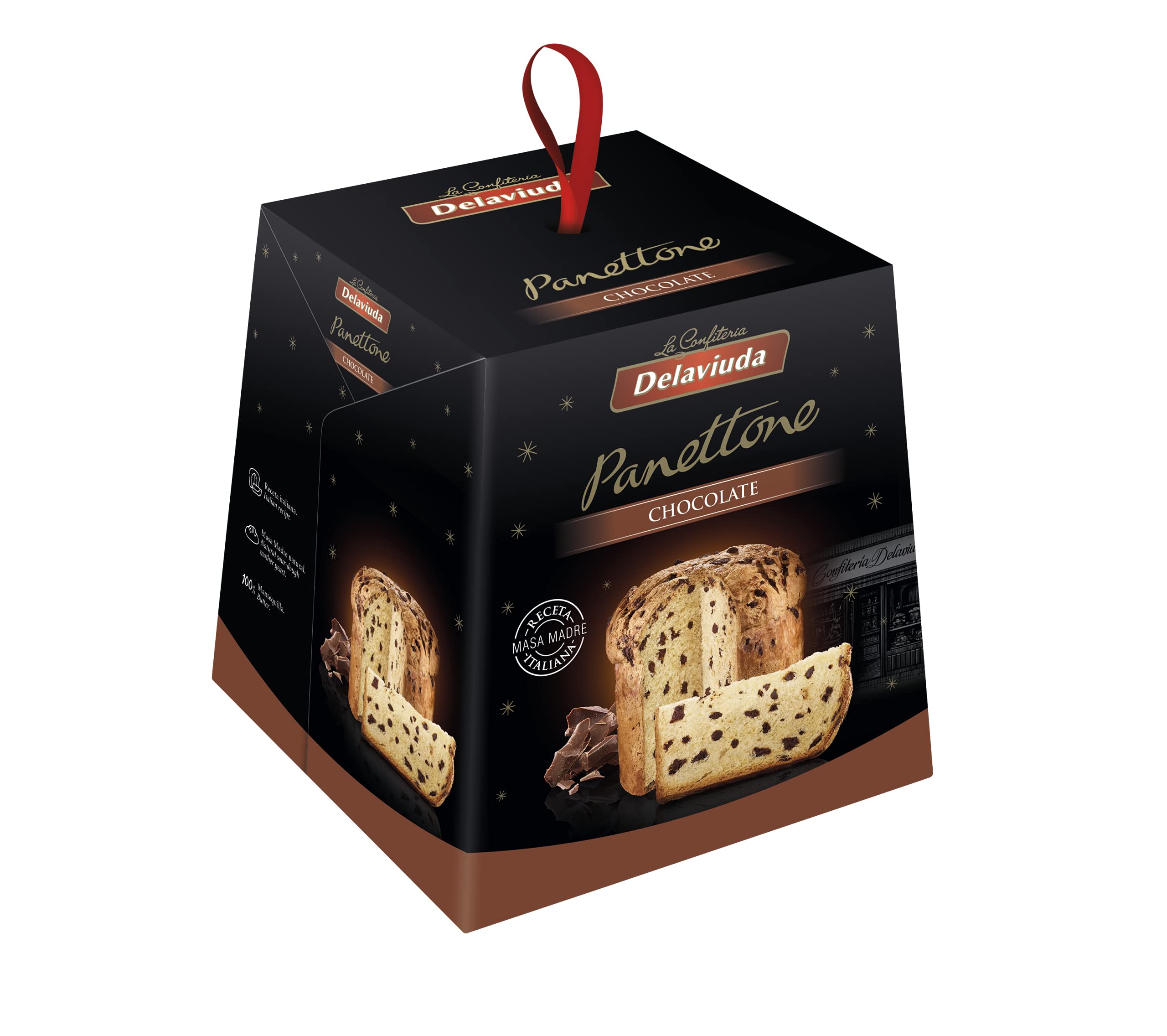 Delaviuda, Panettone 3 Chocolates, Panettone Italiano con Receta Tradicional con Gotas de Chocolate, Panettone de Navidad, Panettone de Chocolate, 750 Gramos — view 3