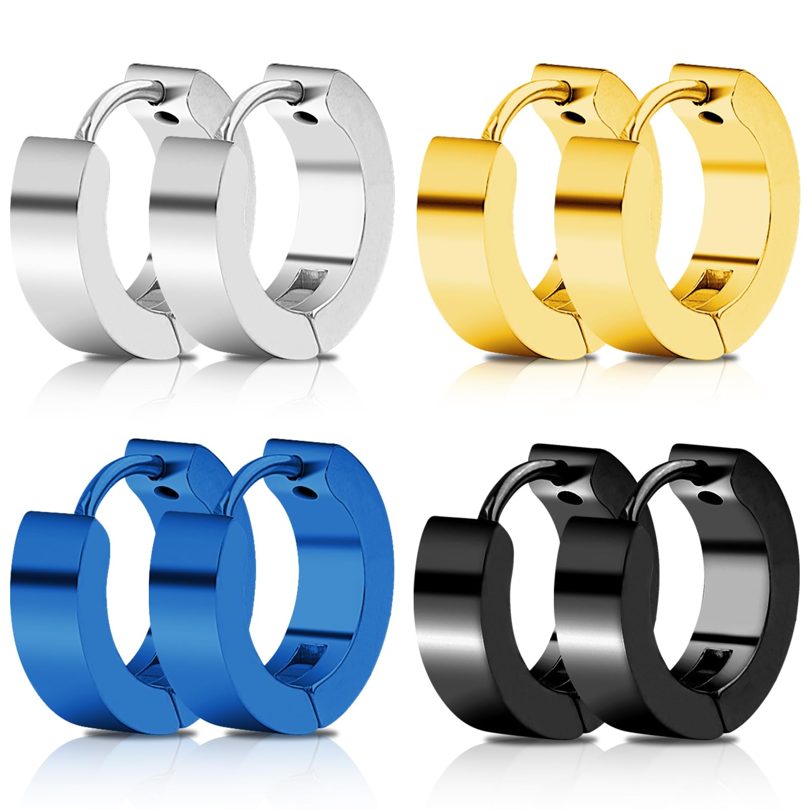 4 Pairs Unisex Hoop Earrings Set – 4 Color Stainless Steel Small Huggie Earrings for Men & Women (Gold, Silver, Black, Blue) | Hypoallergenic Ear