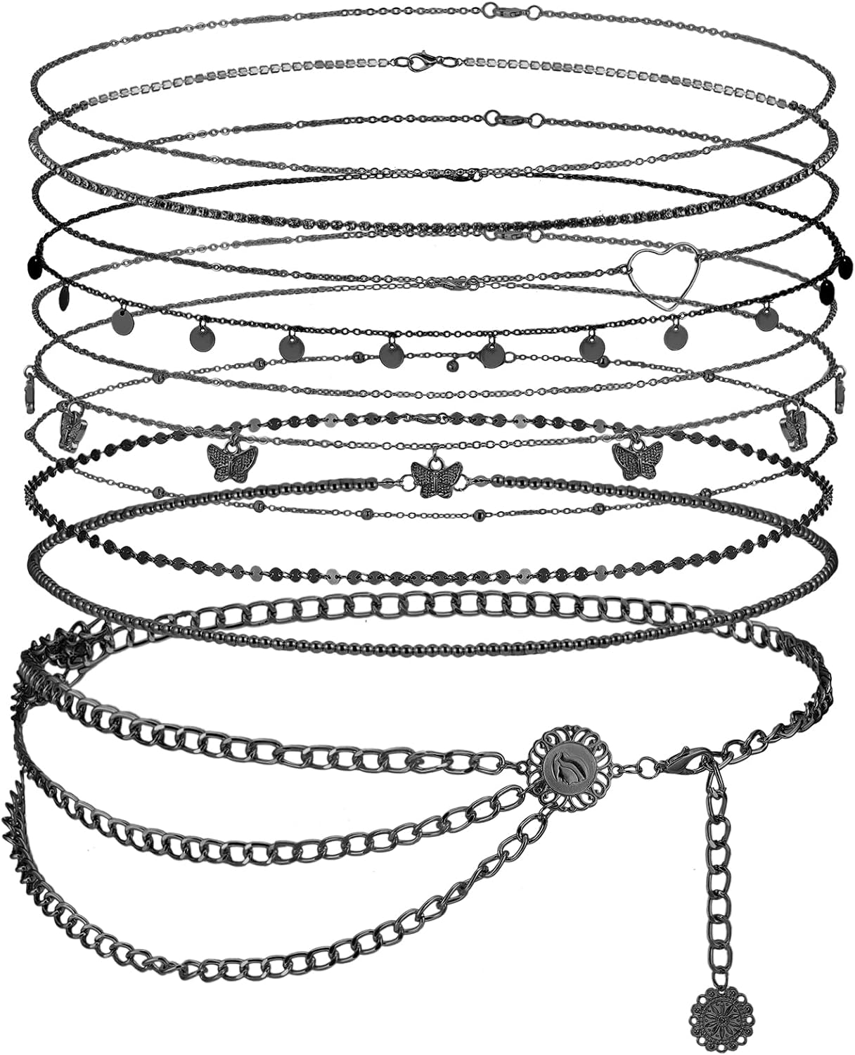 Lenwen 10 Pcs Summer Beach Belly Chain Adjustable Waist Multi Layered Chain Waist Jewelry for Women Girls Multilayer Body