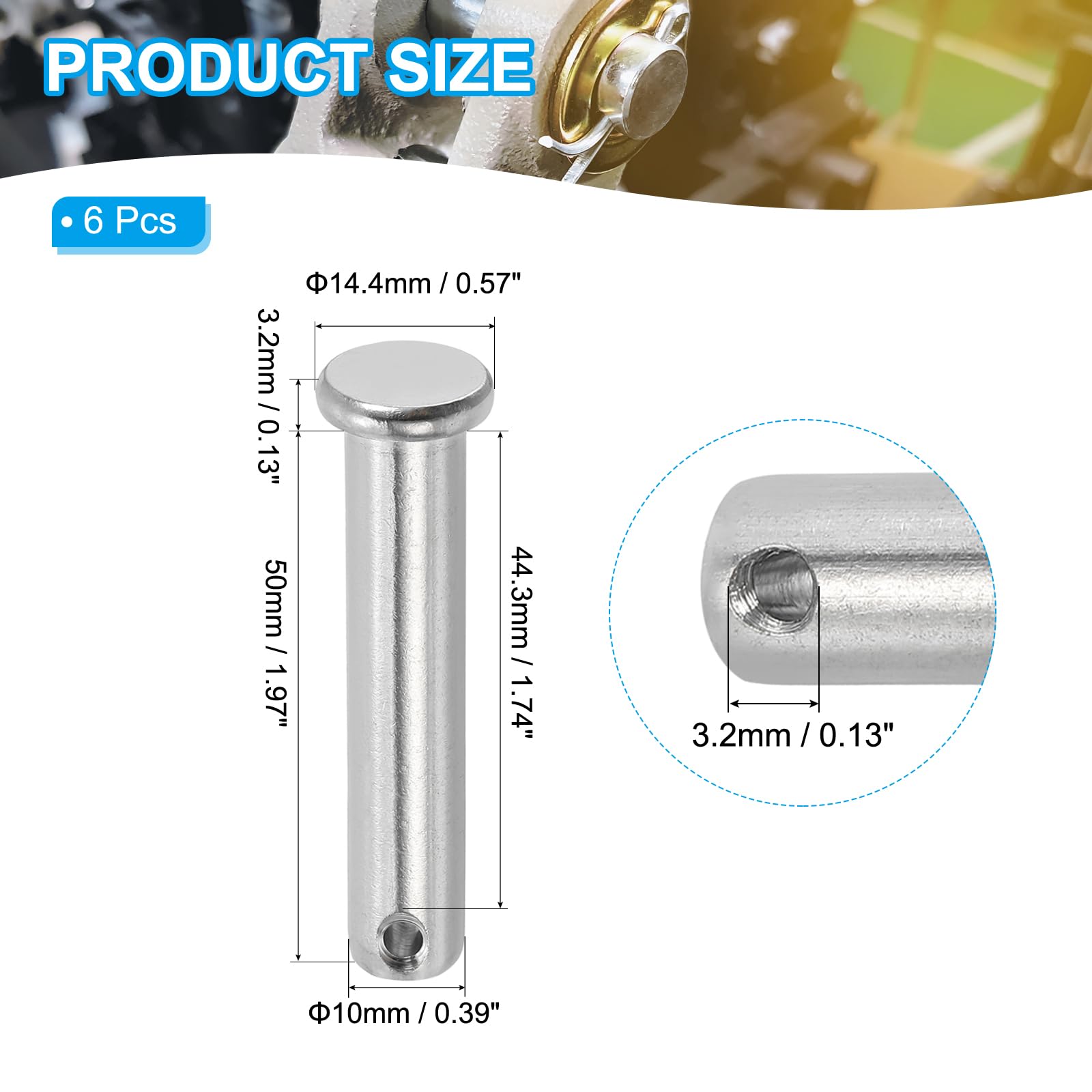 PATIKIL 10 x 50 Mm Single Hole Clevis Pins, 6 Pcs 304 Stainless Steel Flat Head Pin for Hitch Pin Lock Link Hinge Systems Silver - Image 2