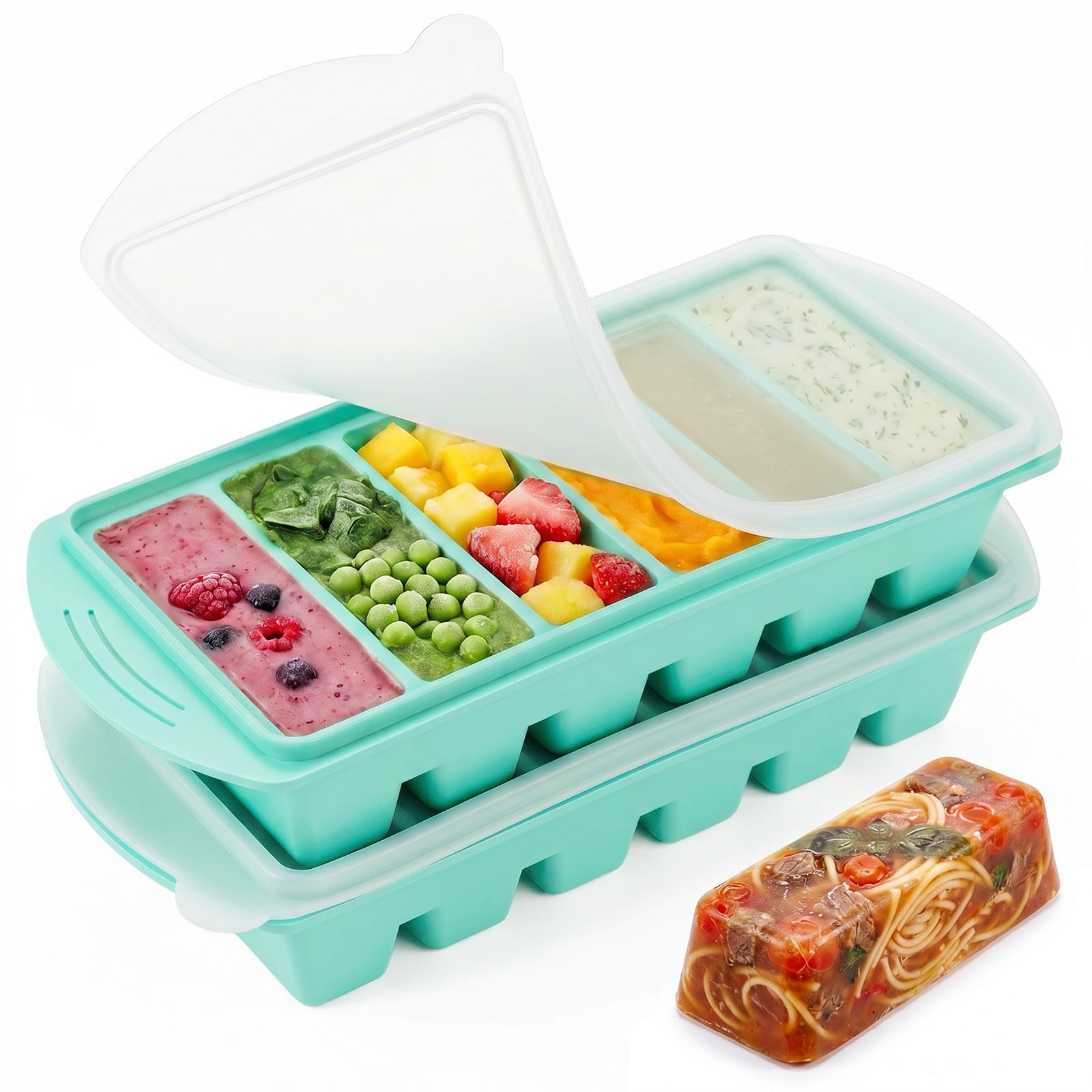 2 Pack Souper Cubes Silicone Freezer Tray, 1/2 Cup/125 mL Silicone Freezer Moulds with Lid, Soup Freezer Containers, Portion Freeze Trays for Storing 125mL/62.5mL Broth Leftovers Sauce, Green