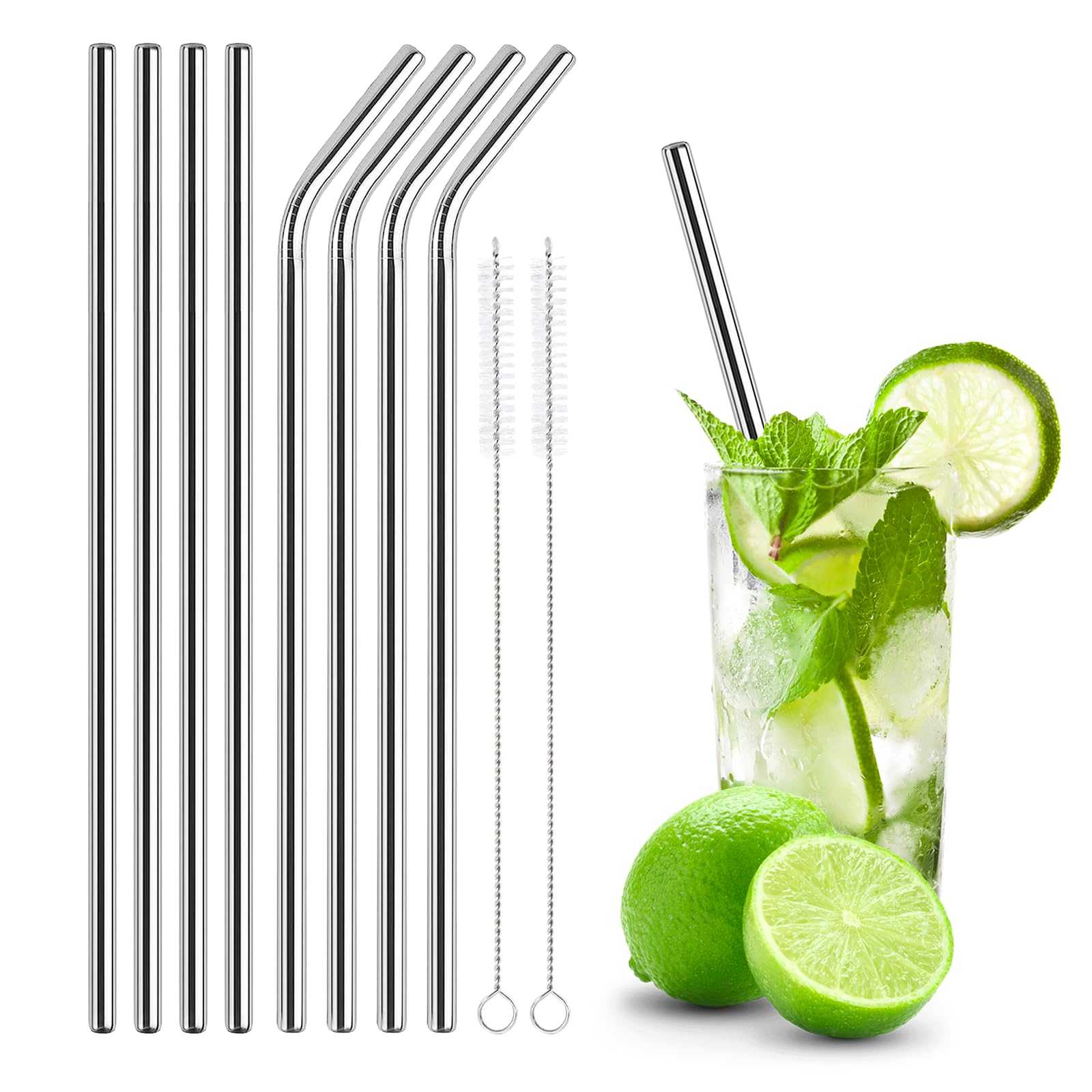 Lavishly Reusable Stainless Steel Metal Straws Set - 4 Straight & 4 Bent Straws + 2 Cleaning Brushes, Silver, 8 Pcs Set