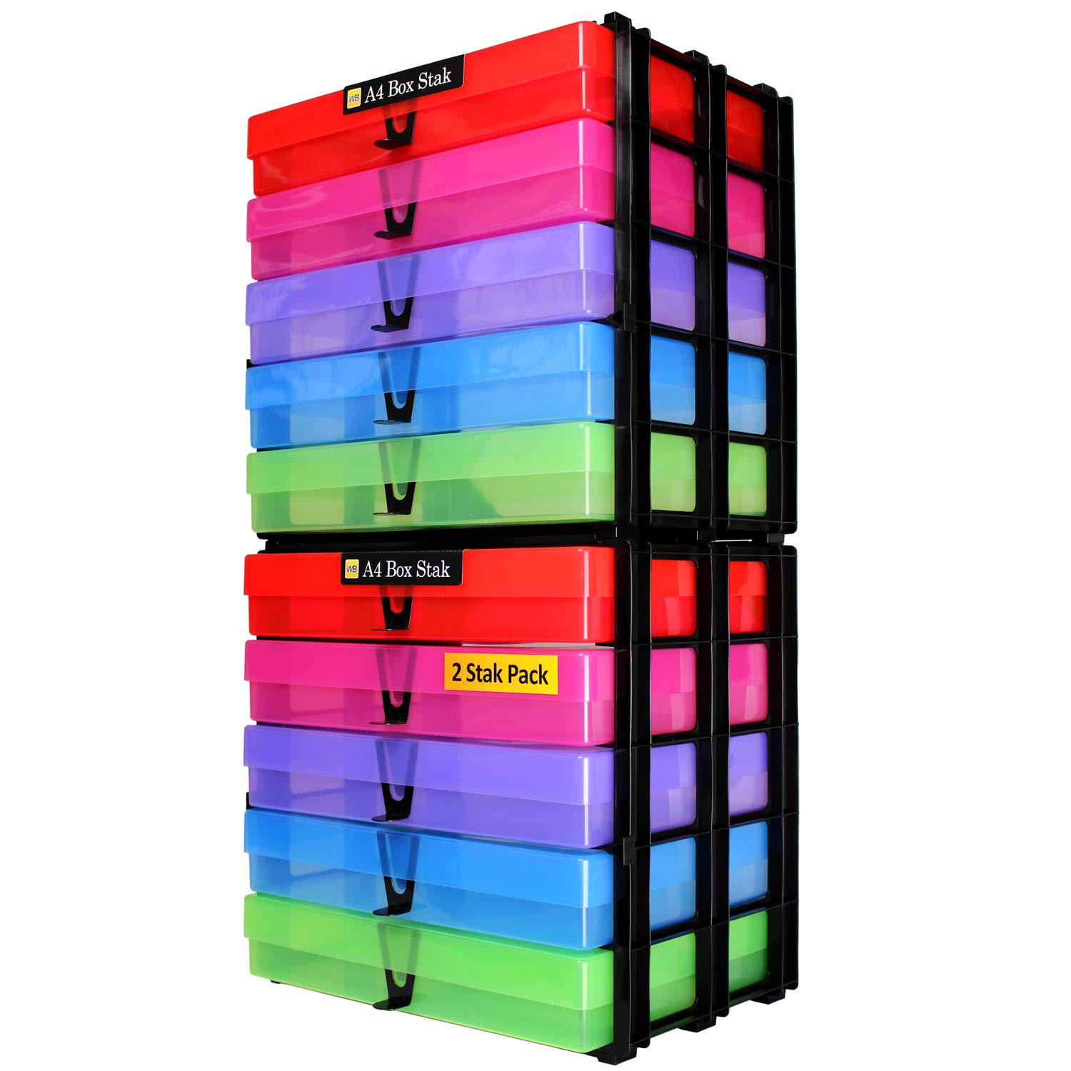 A4 Box Stak, Stackable Craft Storage Box Unit Including Plastic A4 Storage Boxes with Lids (Multi-Colour, Pack of 2)