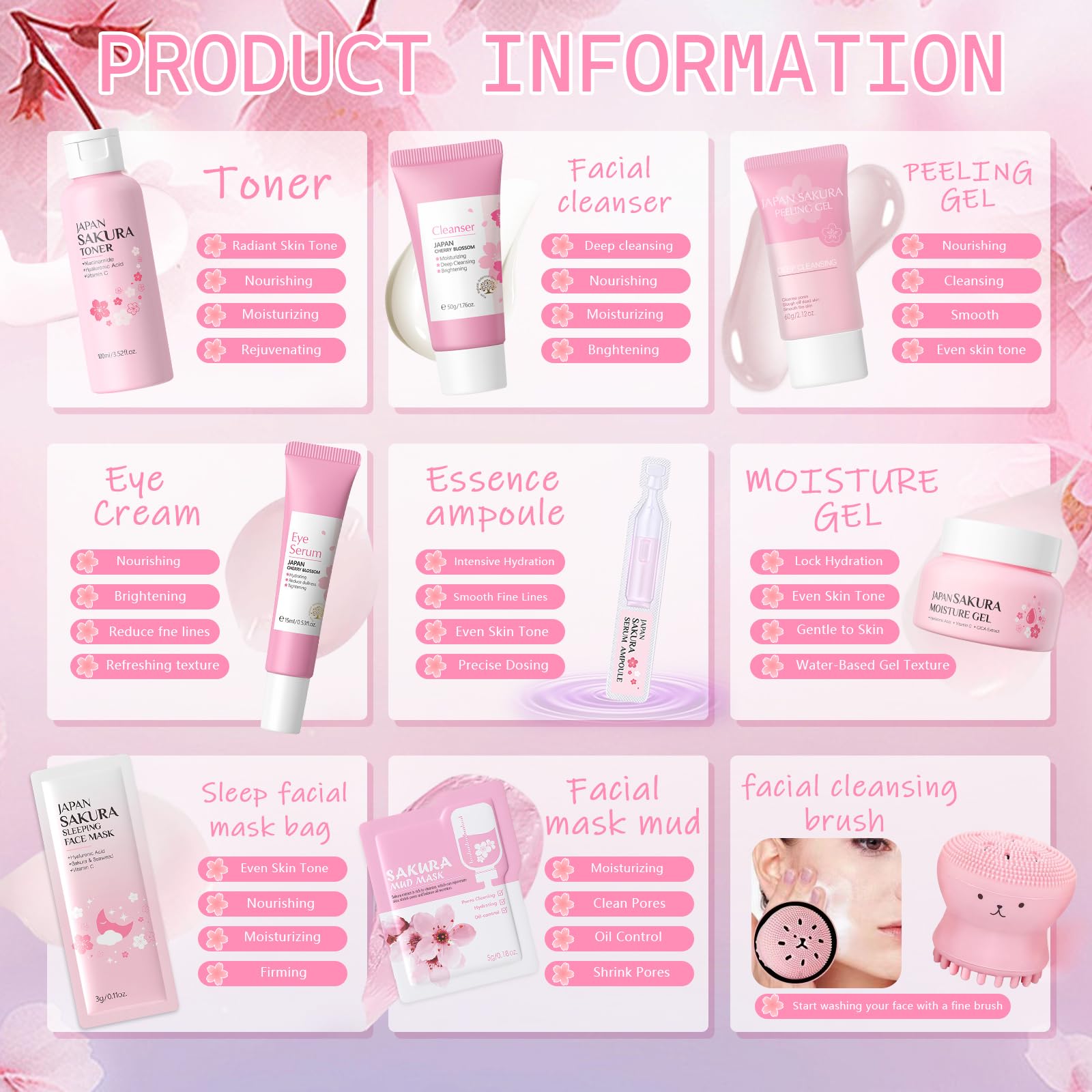26 Piezas Set de Cuidado Facial Sakura, Sakura Set de Cuidado de la Piel | con Limpiador Facial/Tónico/Esencia/Dispositivo de Limpieza/Mascarilla, Etc.Kits De Cuidado Facial para Niñas y Mujeres