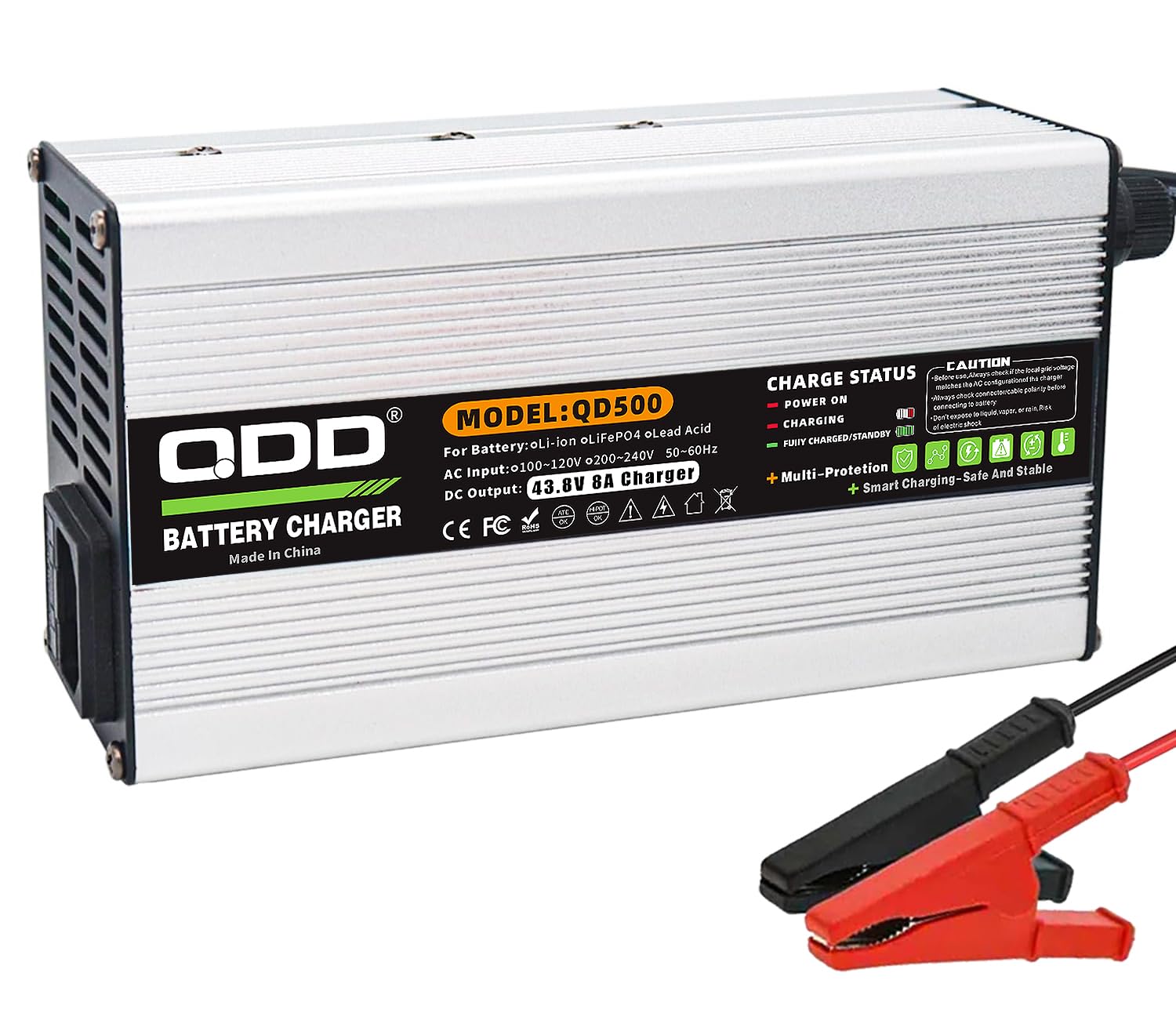 QDD Inteligentna ładowarka do baterii 43,8 V 8 A, srebrne aluminium z wentylatorem do 12S 36 V opakowanie z przyłączem zaciskowym krokodylkowym