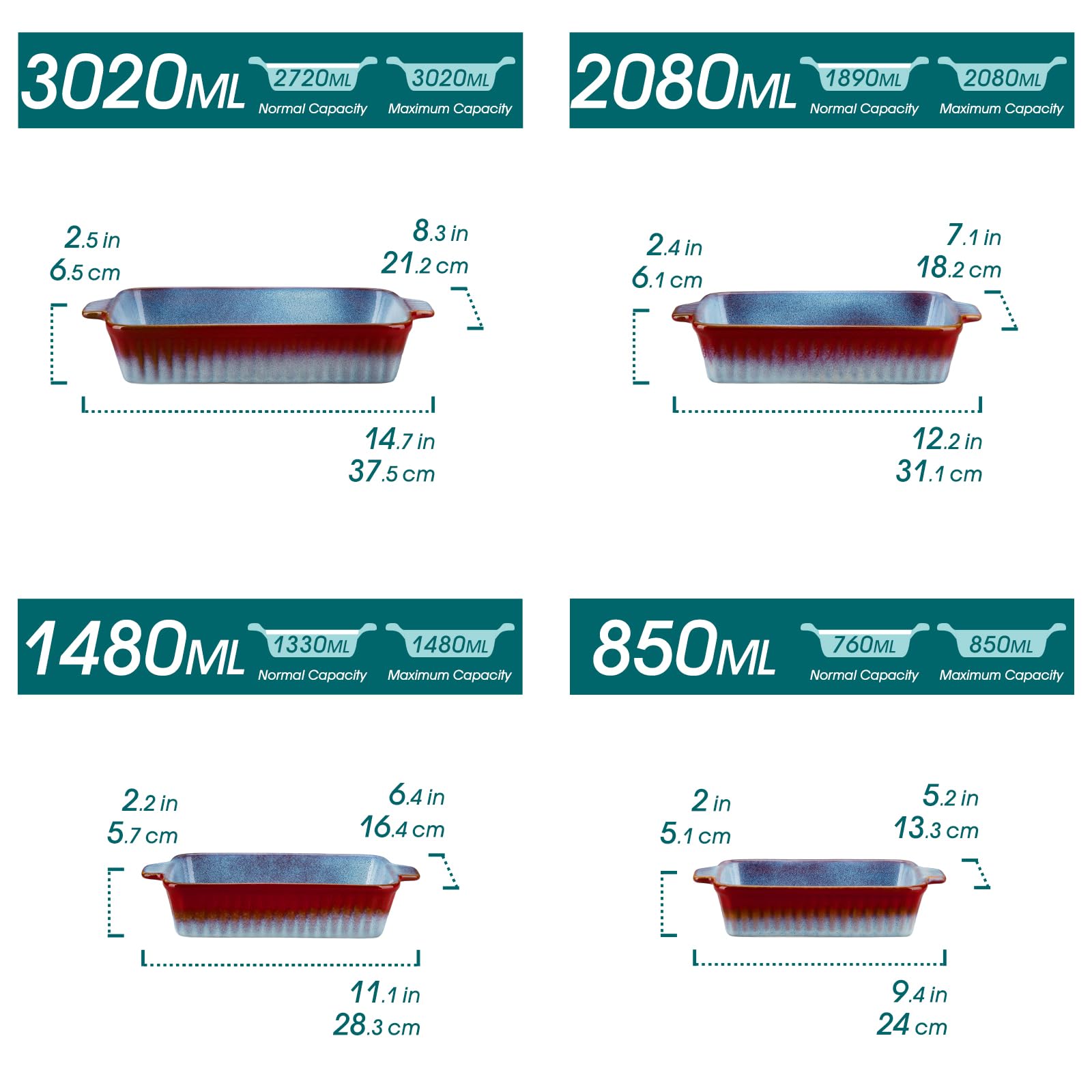 vancasso Juego de 4 Fuentes para Bandeja Horno, Grande y Pequeña (37, 30, 28 y 24 cm), Fuente Rectangular para Lasaña con Asas, Fuente de Gres Apta para Horno y Lavavajillas, Azul Lavanda y Rojo