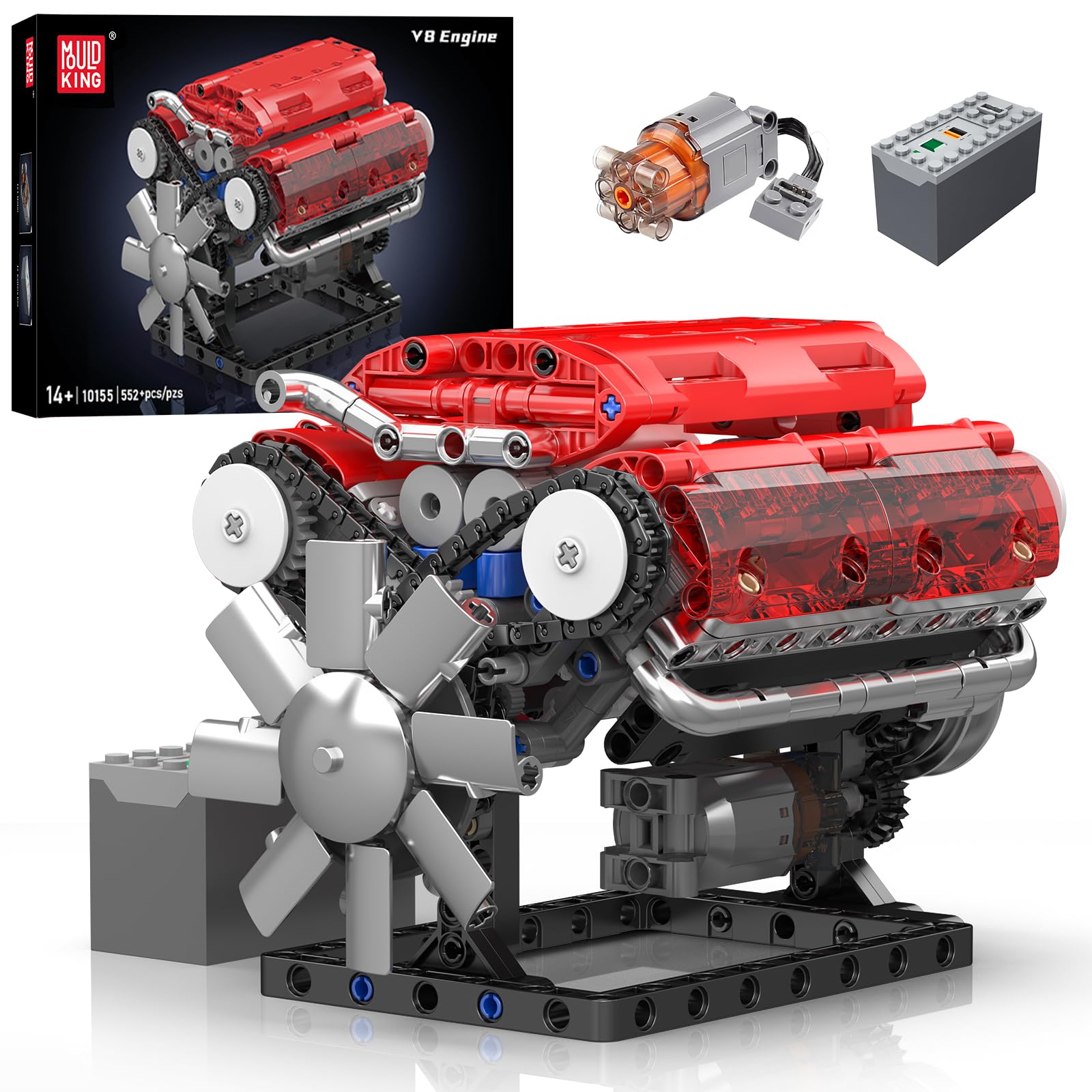 Mould King V8 Engine Building Blocks Sets, 10155 Model Engines Kit That Runs, 8-Cylinder Sports Car Engine Build Kits for Adults with Battery and Motor, Construction STEM Toy for Boys Girls (552 Pcs)