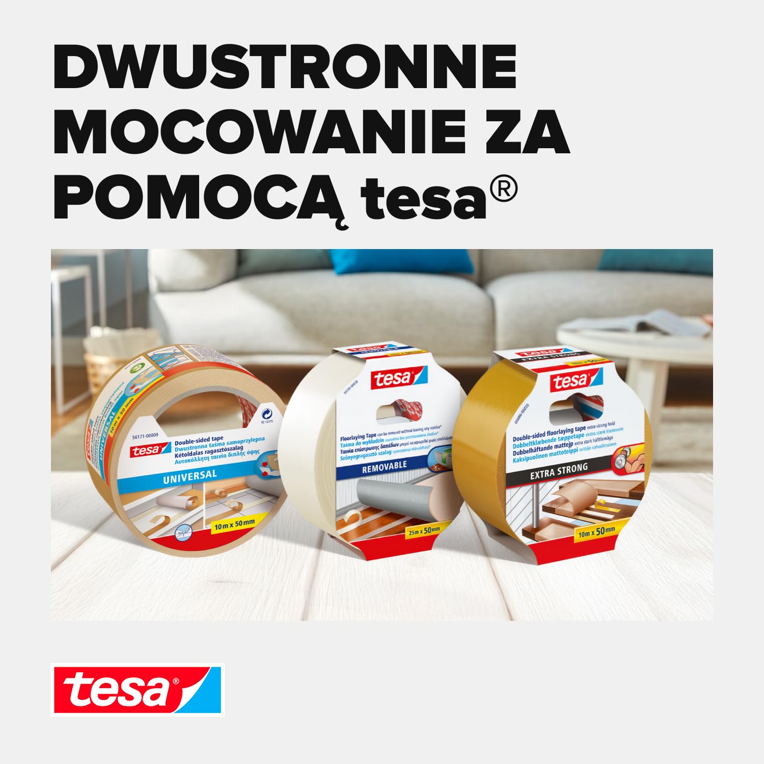 tesa Taśma montażowa bardzo mocno klejąca, 6 sztuk w opakowaniu – dwustronna taśma klejąca do układania dywanów i wykładzin PCW – dwustronna – 10 m x 50 mm