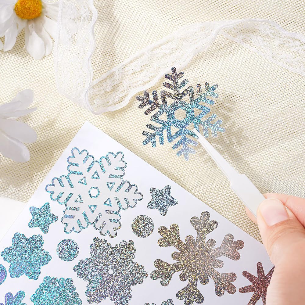 200 Stück selbstklebende Schneeflocken-Aufkleber – 10 Blatt abnehmbare, wasserdichte Vinyl-Glitzer-Aufkleber für Weihnachten, Winter, Urlaub, Party, Zuhause und DIY-Dekoration (Silber)