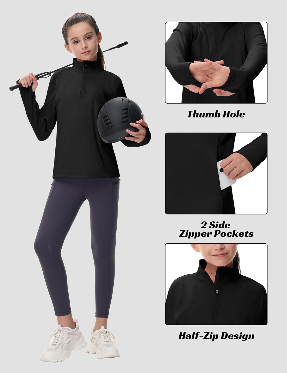 MoFiz Girls Long Sleeve Equestrian Riding Shirt Soft Thermal Half Zip Fleece Lined Jacket for Winter Horseback Riding Kids - Image 6