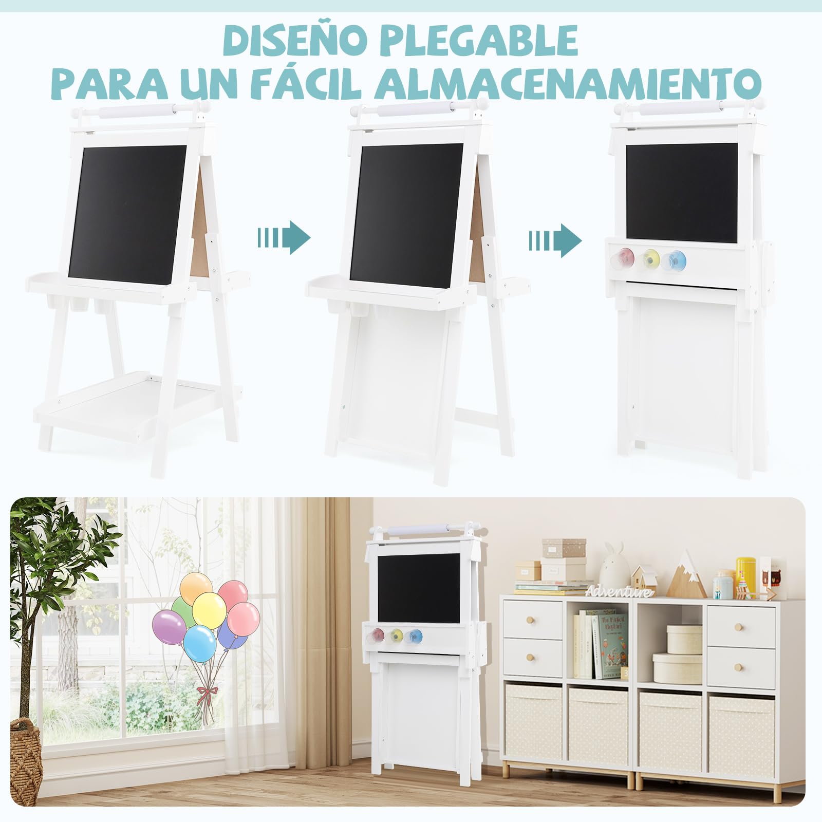 COSTWAY Caballete Plegable para Niños 3 en 1, Pizarra Infantil de Doble Cara, Pizarra Blanca y Magnética, 3 Alturas Ajustables, Rollo de Papel Reemplazable, 3 Vasos, Bandejas (Blanco)