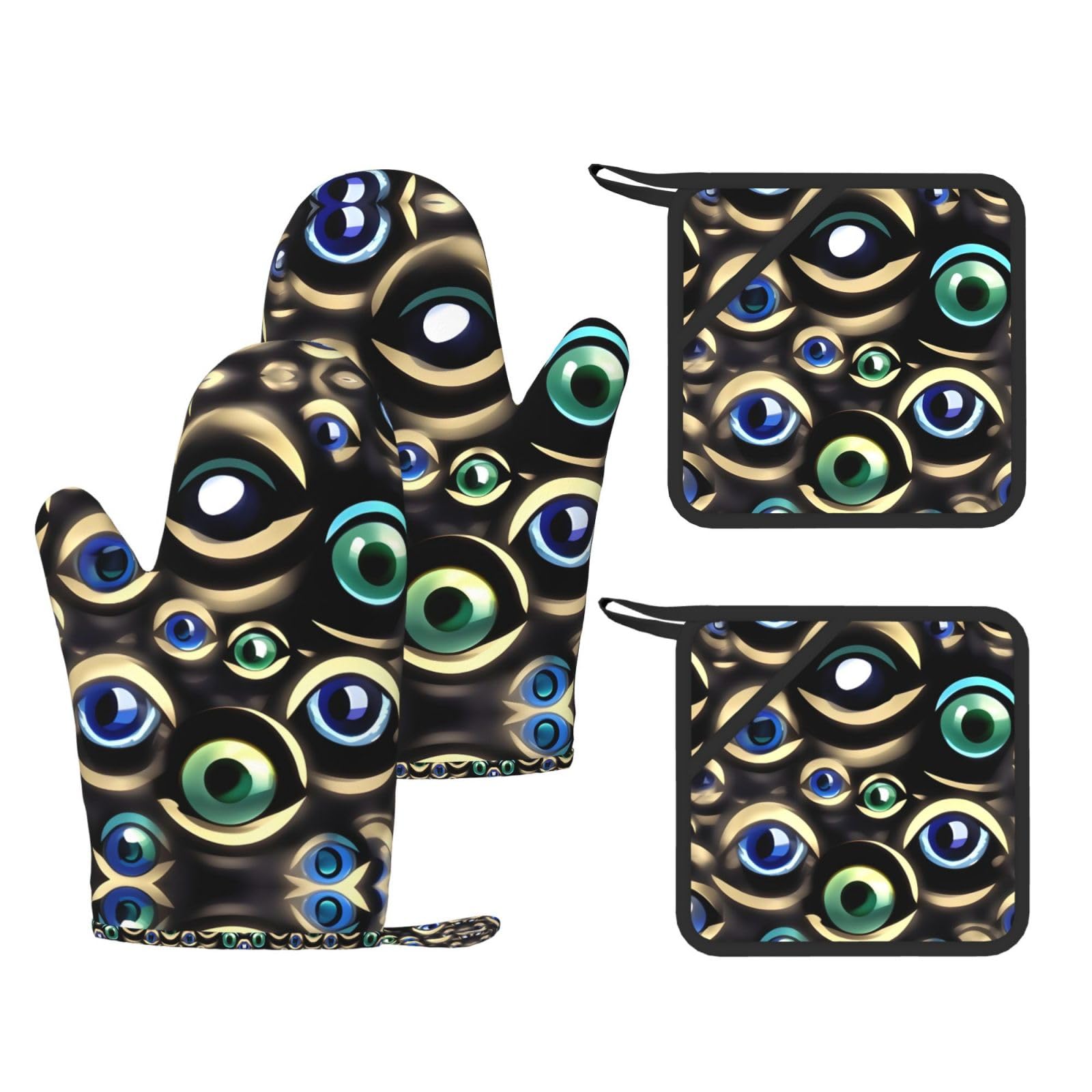 Many Evil Eyes Printed Pot Holders and Oven Mitts 4-Piece, Non-Slip Kitchen Gloves with Utensil Pocket for BBQ