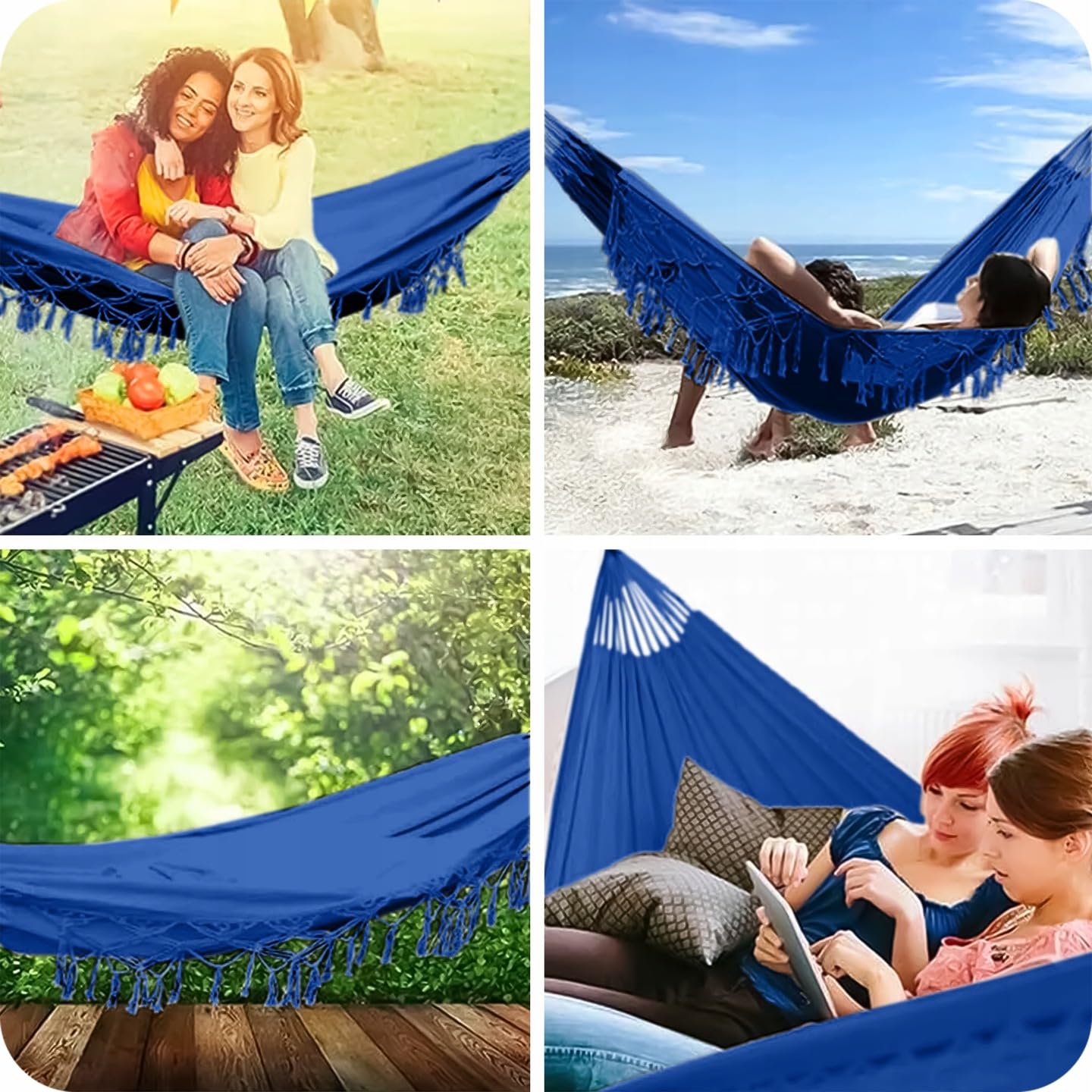 KRUMAD Hamac d'extérieur style bohème 190 x 150 cm, bleu, charge maximale : 120 kg, avec franges, sac de rangement et 2 cordes, en coton et polyester, pour jardin, balcon, terrasse, extérieur et