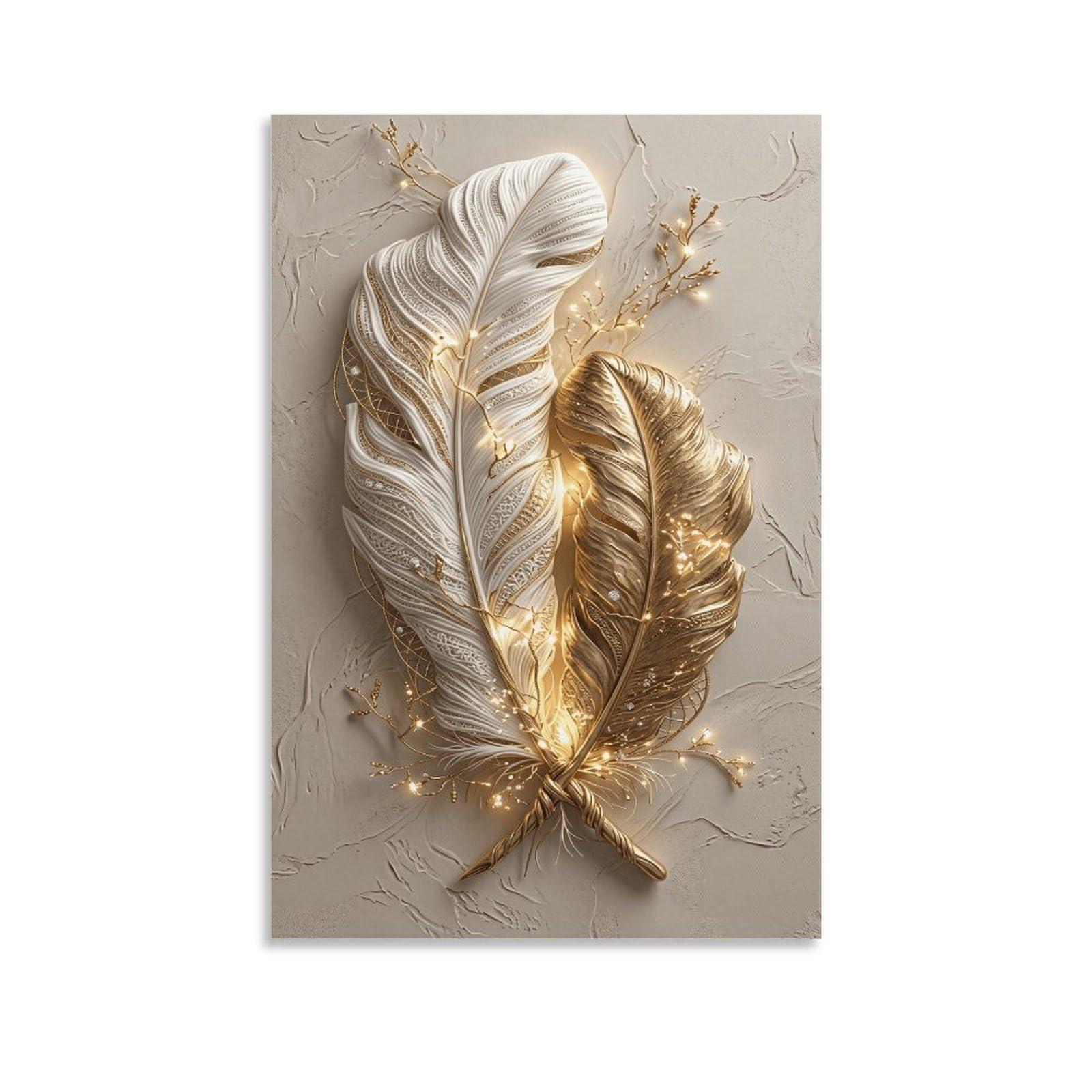 XPASHIQWC White & Gold Feather Wall Decor Poster Giclee Canvas Prints Modern Wall Art Picture Wall Hanging for Bedroom Living Room Decor 20x30inch(50x75cm)