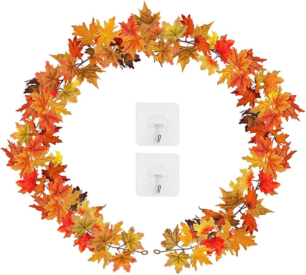 Fall Maple Leaf Garland Hanging Vine- 150m - Autumn Harvest Garland Decoration for Wedding Party Christmas Dinner Fireplace Door Frame Doorway Backdrop Decor, (1Pcs Maple Leaf Garland with 2 Hooks)