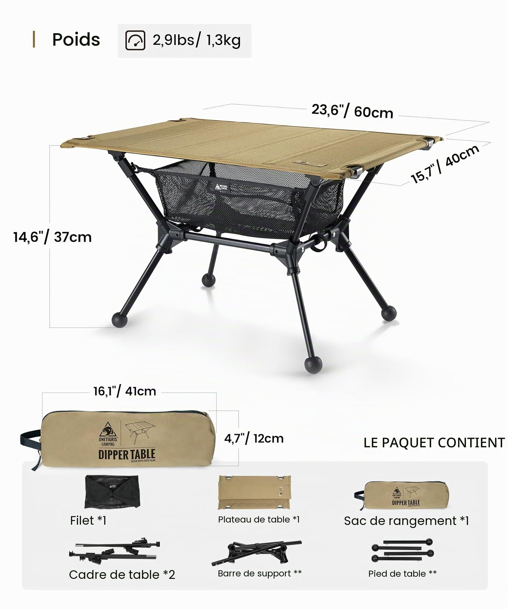 OneTigris Dipper Table de camping pliable avec sac de transport - Table d'extérieur légère pour la pêche et la randonnée - 60 x 40 x 37 cm - Marron coyote