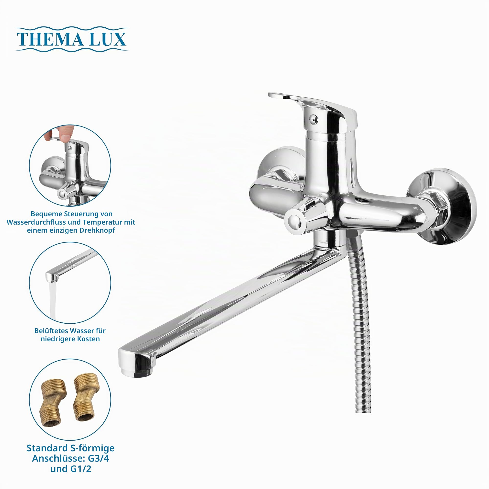 Badewannenarmatur mit Duschkopf, Schlauch und Halterung | Wasserhahn Bad Klassisch-elegantes Design | Mischbatterie mit Chromüberzug | Langem Wasserhahn - 30cm | Einhand- Armatur Badewanne