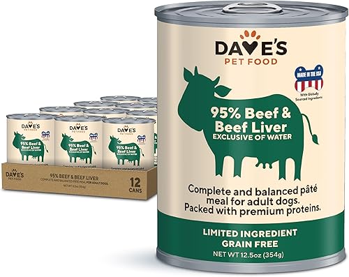Dave's Pet Food Alimento húmedo para perros sin granos (95% de carne de res e hígado de carne), fabricado en Estados Unidos de proteína de fuente