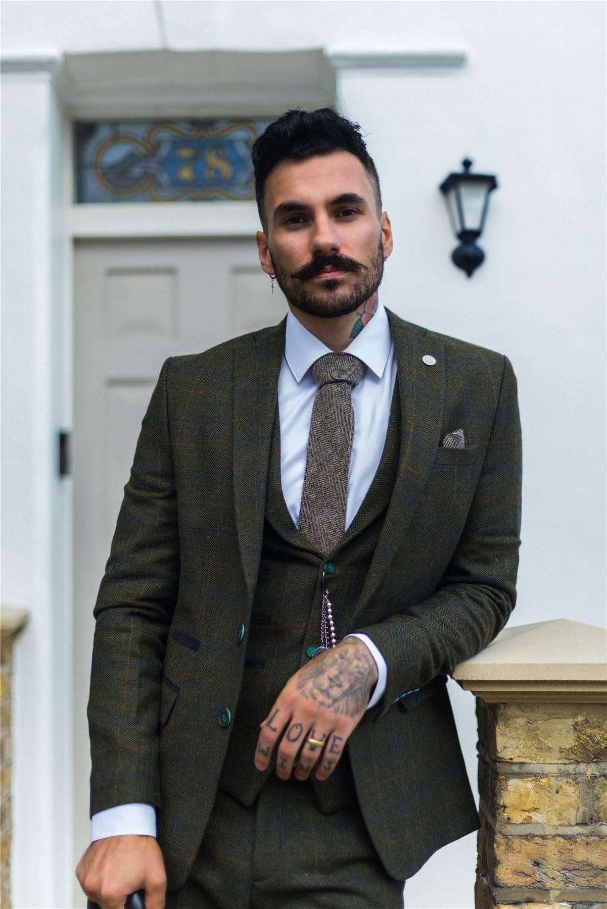 Costume Homme 3 Pièces en Tweed de Laine Mélangée à Carreaux Style Années 20 pour Un Look Habillé Festif | Vert Olive