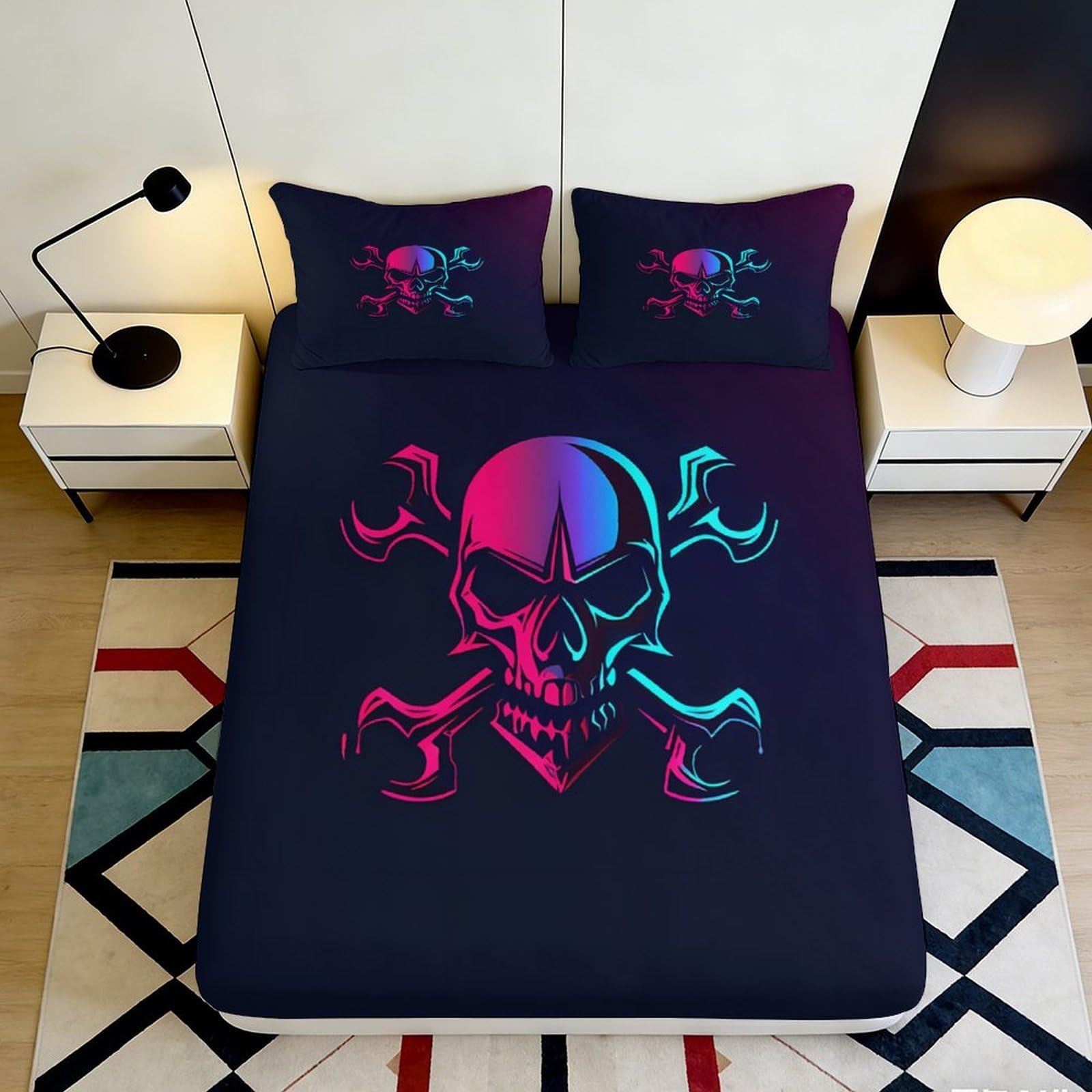 3D Printed Neon Skull Fitted Sheet Microfiber Soft Breathable Punk Crossbones Mattress Cover for Bedroom Dorm Decor 90x200x25cm