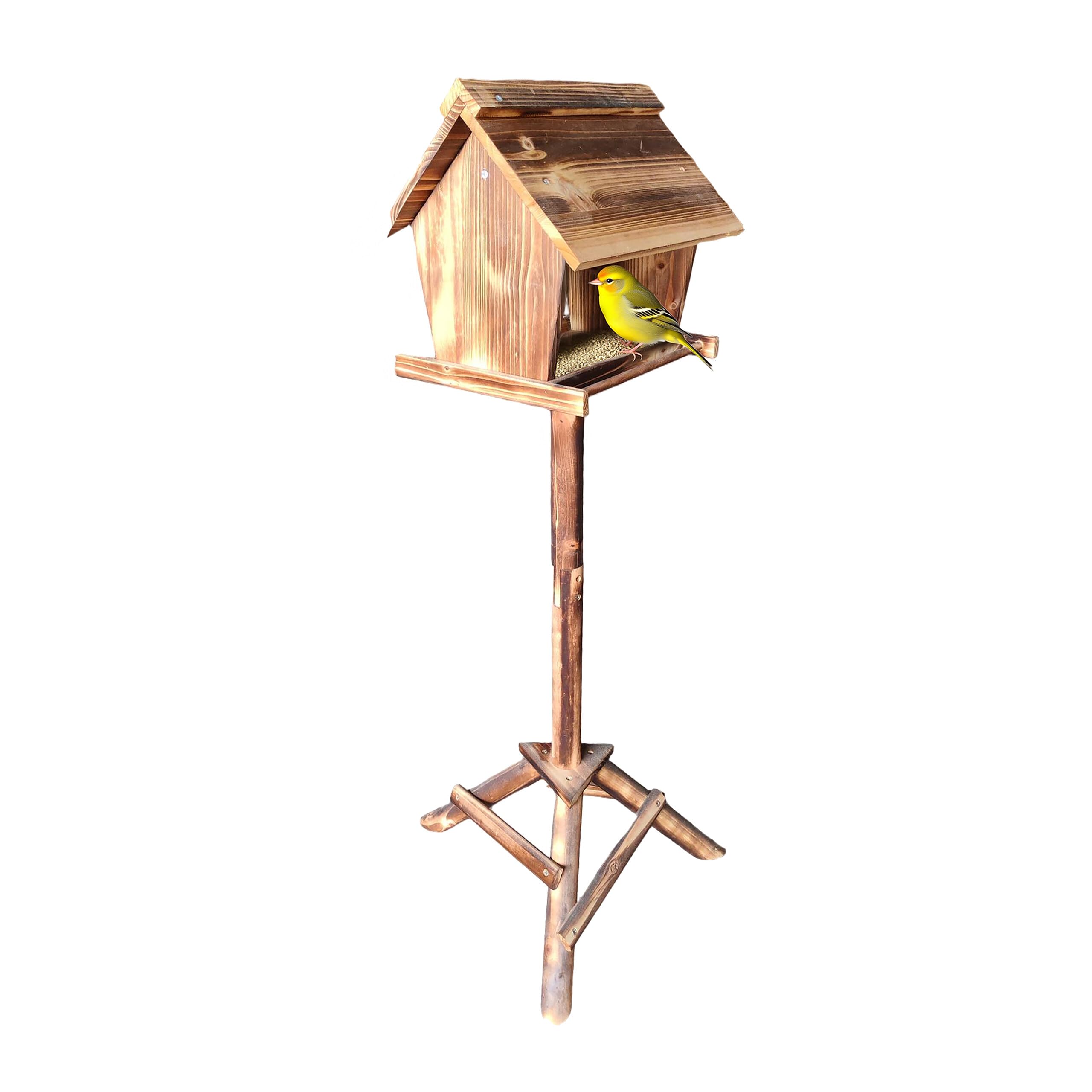 Relaxdays Mangeoire à Oiseaux sur Pied, en Bois de Sapin, Jardin, Balcon, Dimensions H x L x P : 107 x 32 x 27 cm, brûlé
