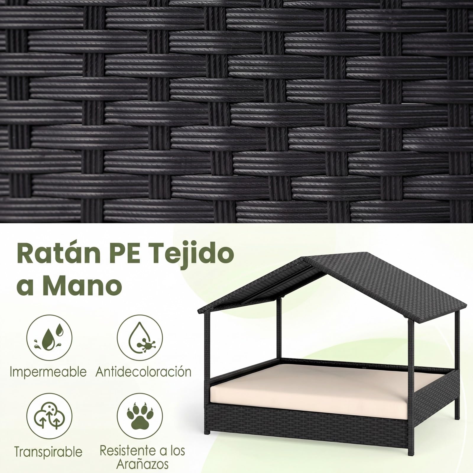 COSTWAY Caseta para Perros Exterior e Interior, Casa Perro de Ratán Grande con Dosel, Base Elevada, Cojín Removible, Estructura Metálica, Cama Elevada para Mascotas, Carga 60 kg, 98x69x74 cm (Beige)