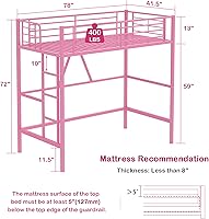 VECELO Twin Loft Bed Metal Frame, Light Pink: Removable Ladder, 13" Guardrails, Noise-Free, Space-Saving for Dorms & Kids Rooms