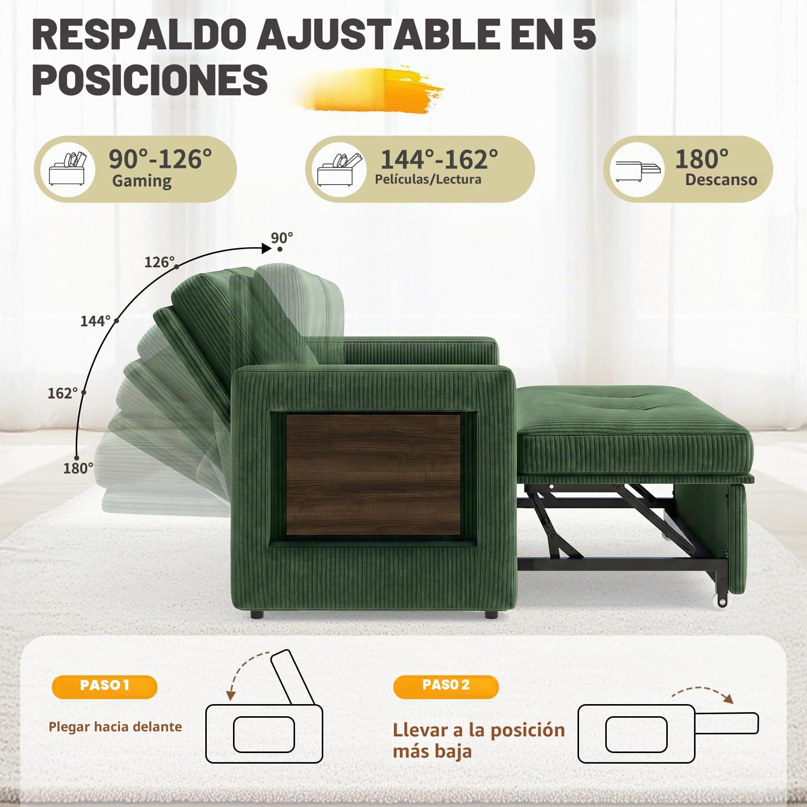 YOUDENOVA Sofá Cama 3 en 1, Sillón Cama multifunción, Sofá reclinable con Respaldo Regulable en 5 Posiciones, Sofá Cama para 2 Personas con Mesa y Bolsillos Laterales, Pana Verde